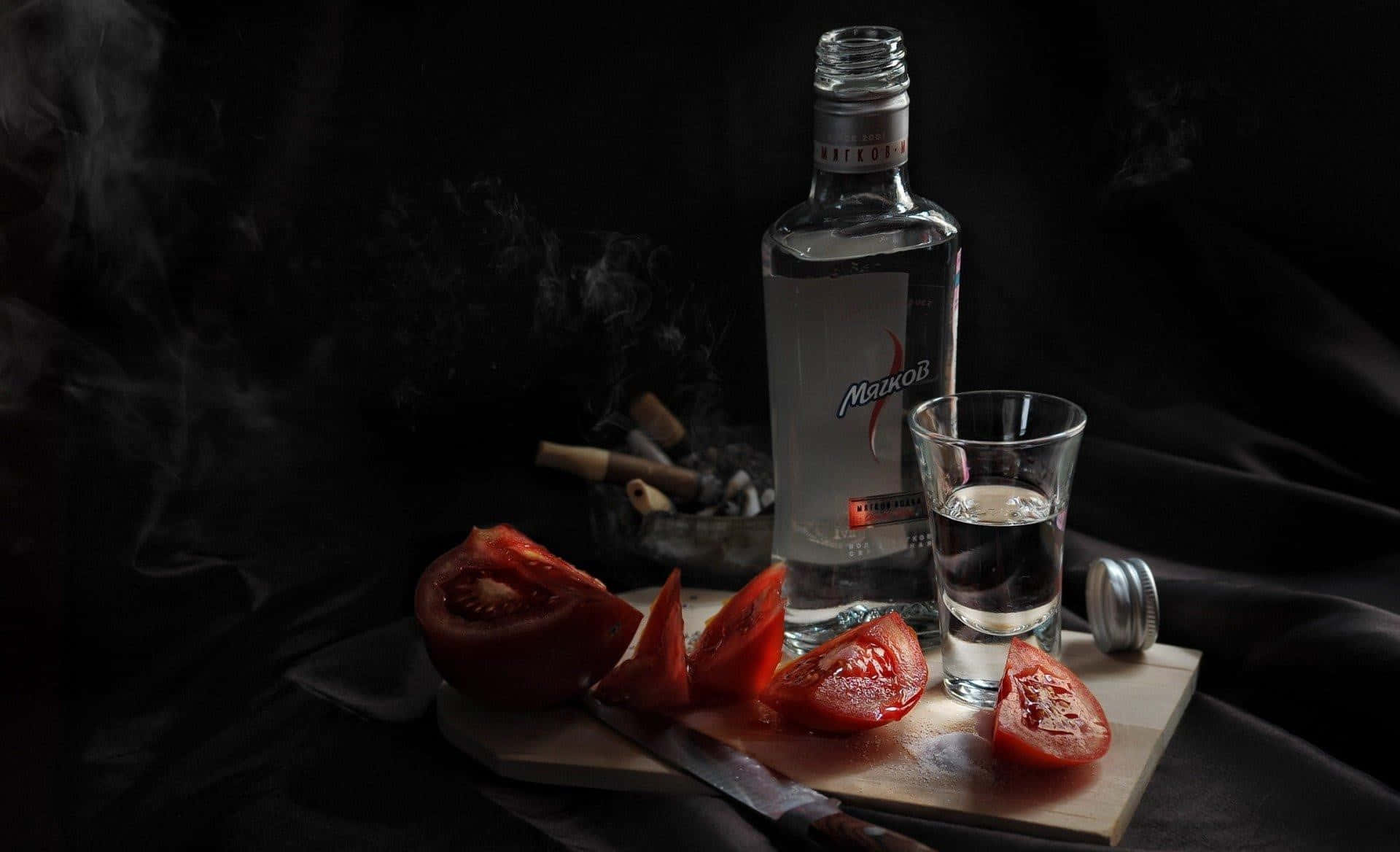 Unabottiglia Di Vodka E Pomodori Su Un Tagliere Da Cucina