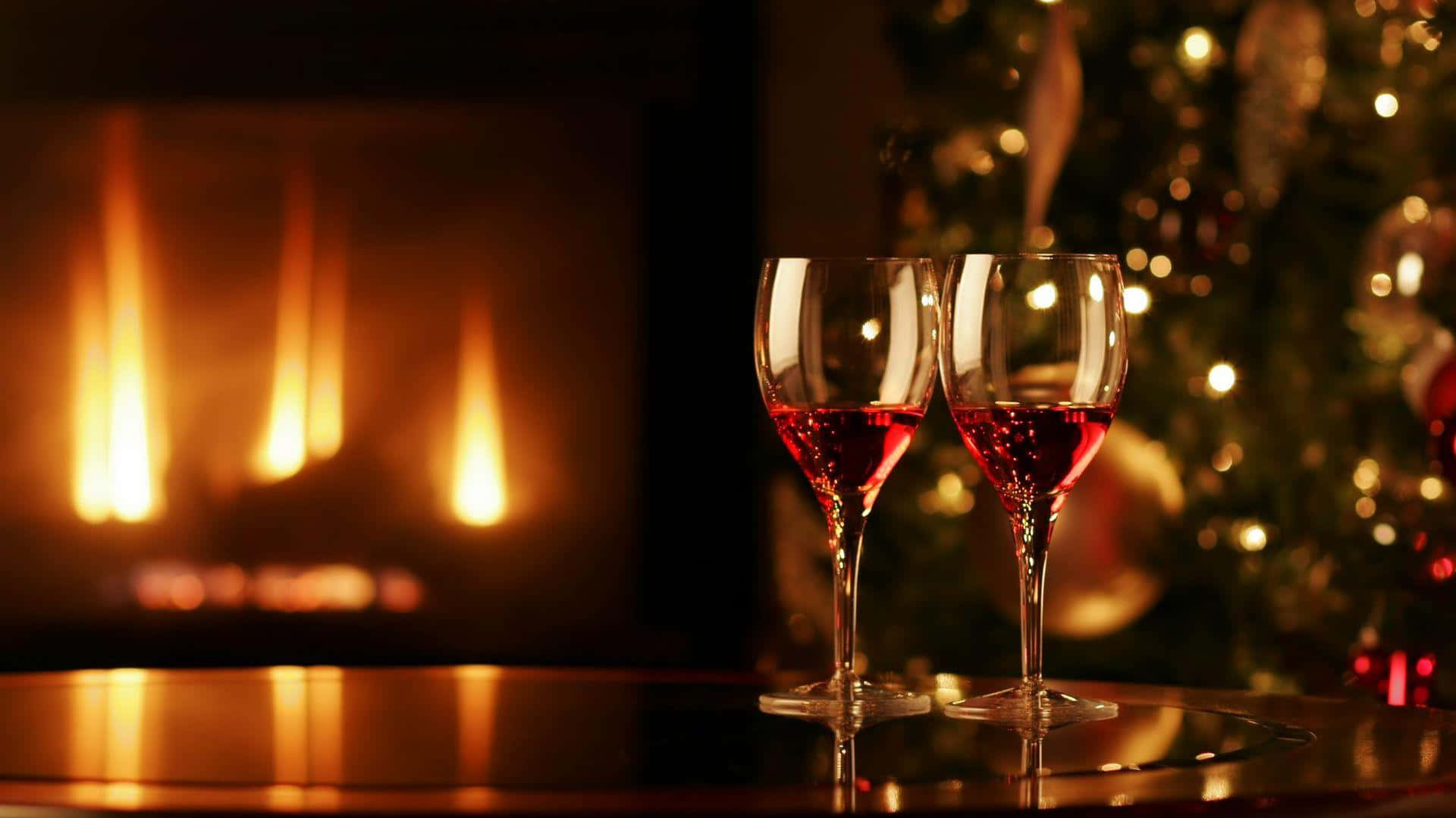 Two Glasses Of Wine In Front Of A Fireplace