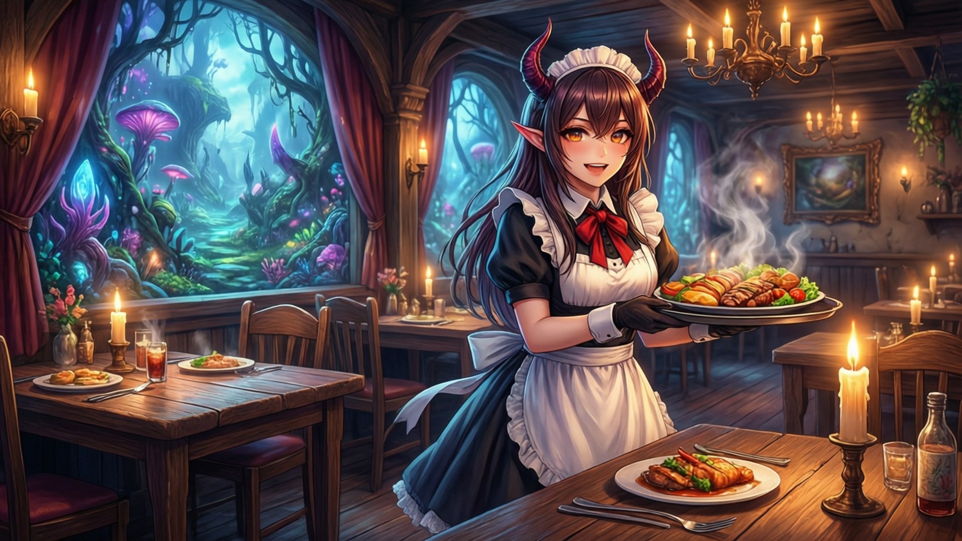 Aletta serviert Abendessen Hintergrundbilder — Aletta serviert eine Mahlzeit im gemütlichen Restaurant in eine andere Welt