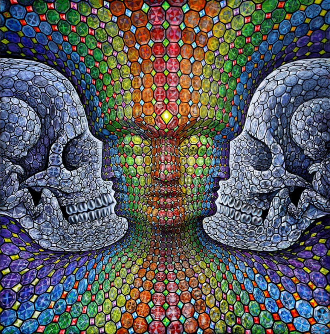 Two Skulls With Colorful Dots On Them Wallpaper