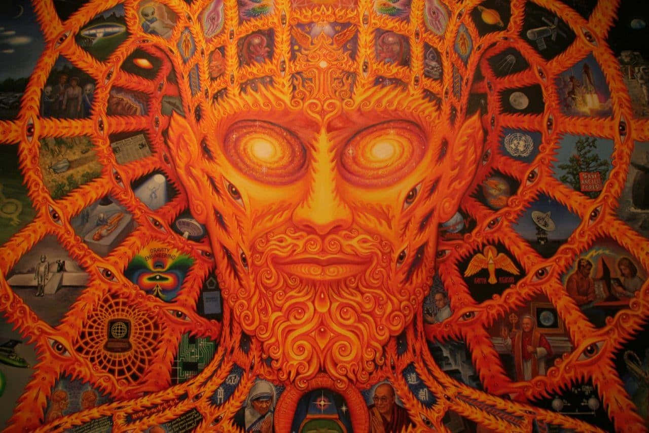 A Painting Of A Man With A Large Head And Many Symbols Wallpaper