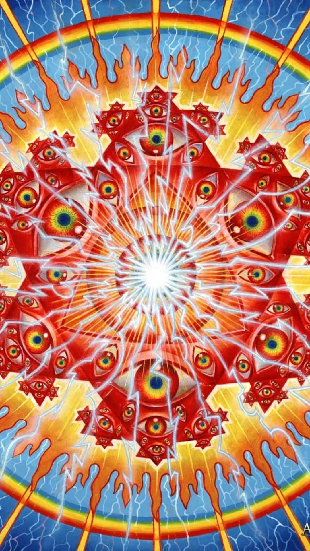 A Red And Blue Painting With A Sun In The Middle Wallpaper