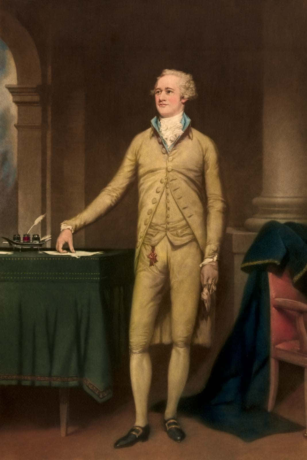 A Painting Of A Man In A Yellow Suit Standing In Front Of A Table