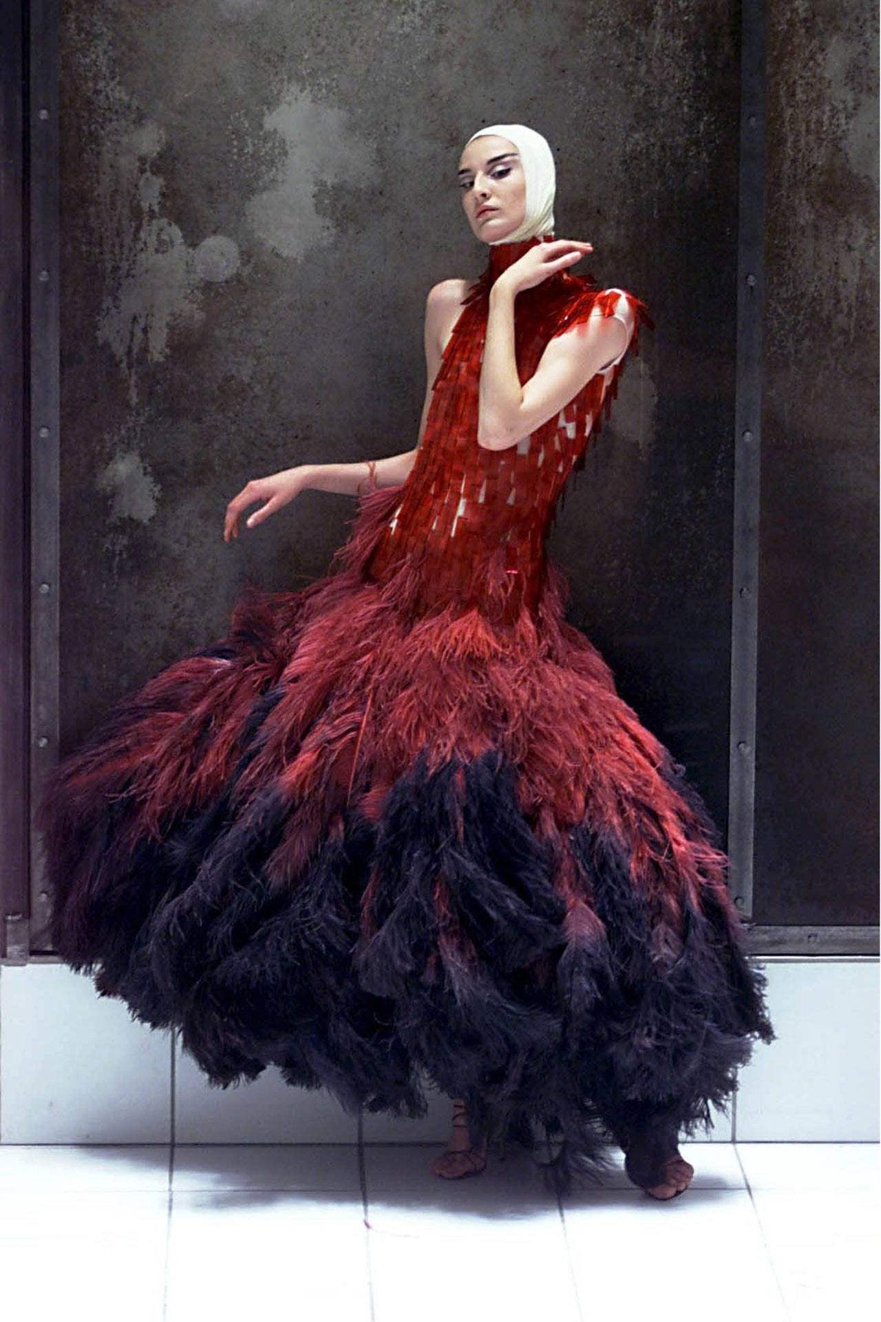 Alexander Mcqueen Ostrich Feather Red Dress Background