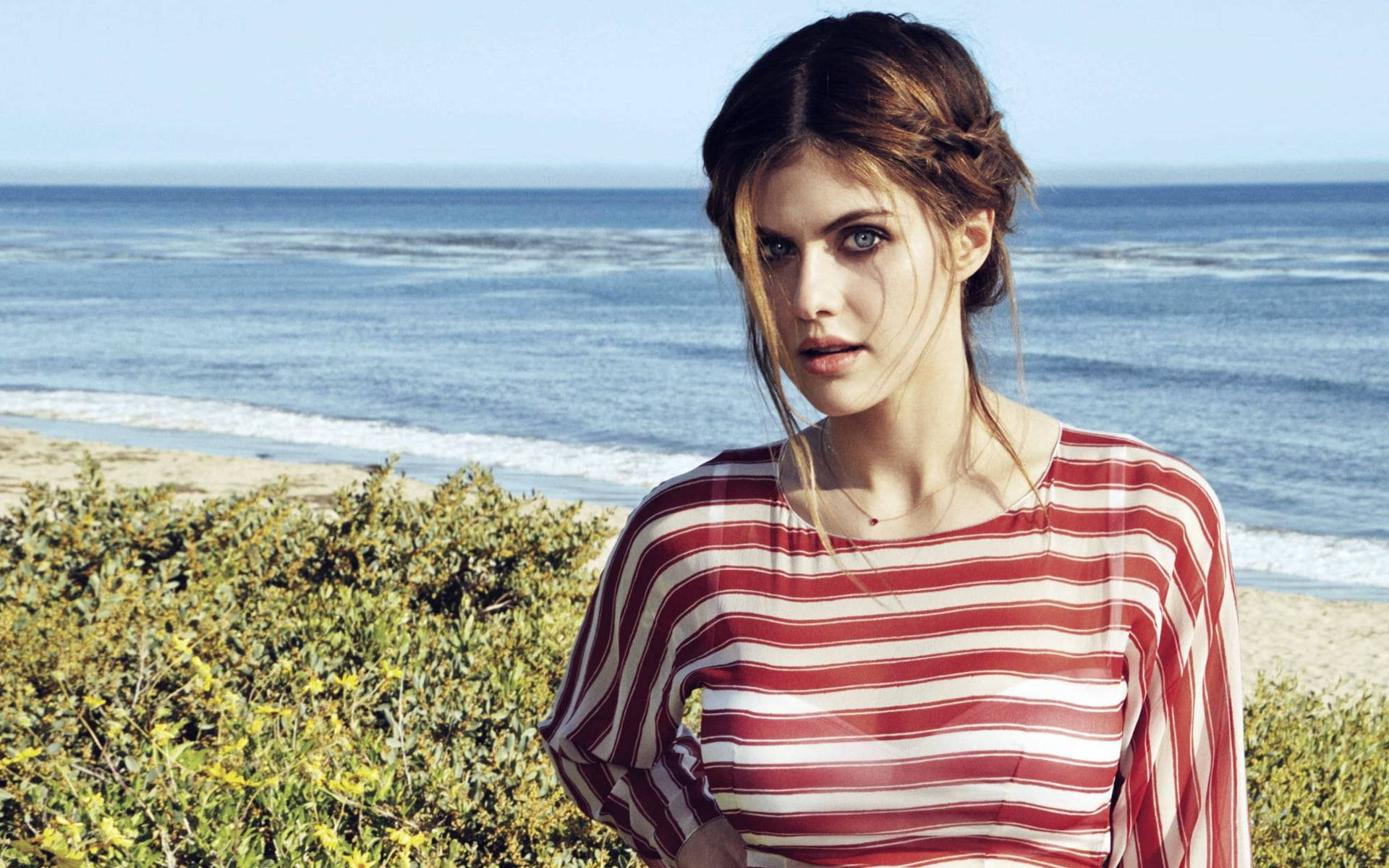 Alexandra Daddario Red Stripe Shirt Wallpaper