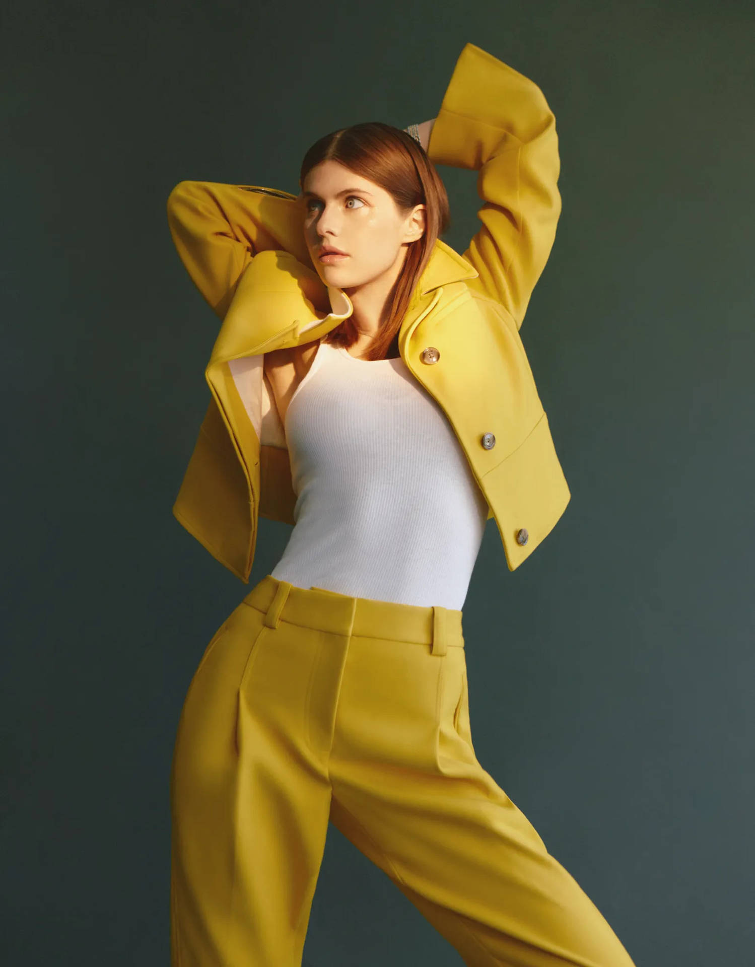 Alexandra Daddario Yellow Suit Wallpaper