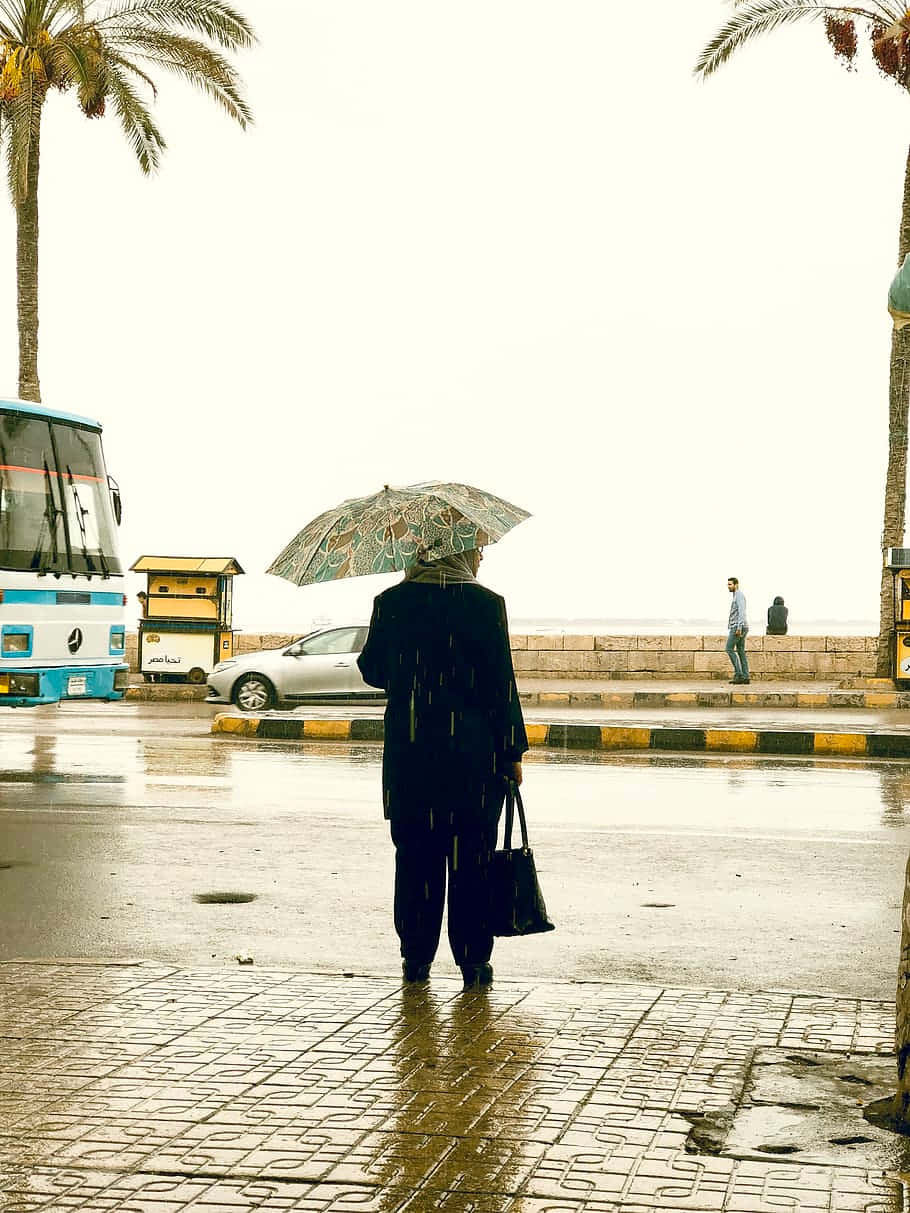 A Woman Walking With An Umbrella