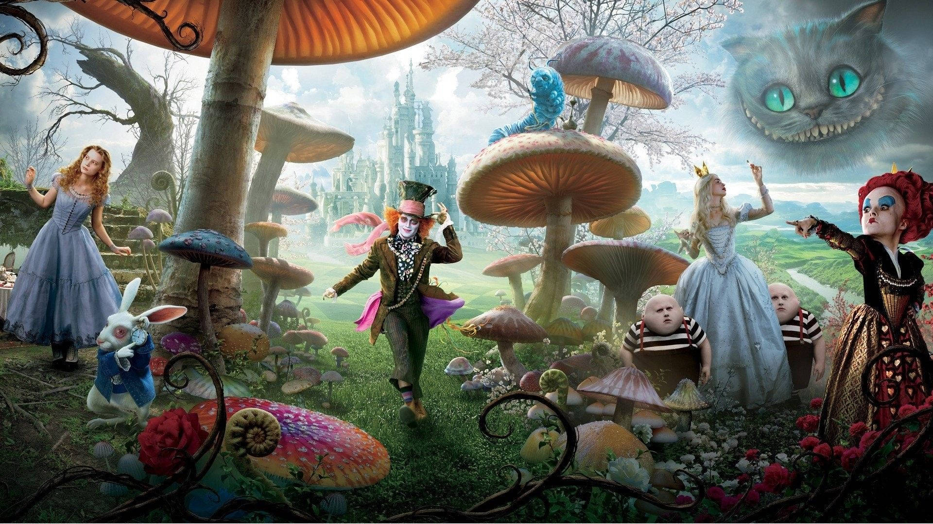 Alice in her blue dress along with the characters from Alice in Wonderland - 2010 film Wallpaper