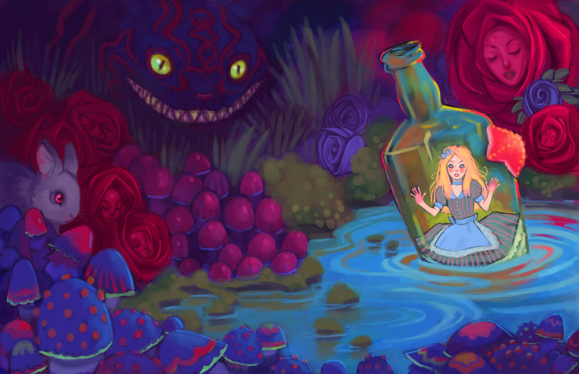 Alice Walking on a Magical Journey Through Wonderland
