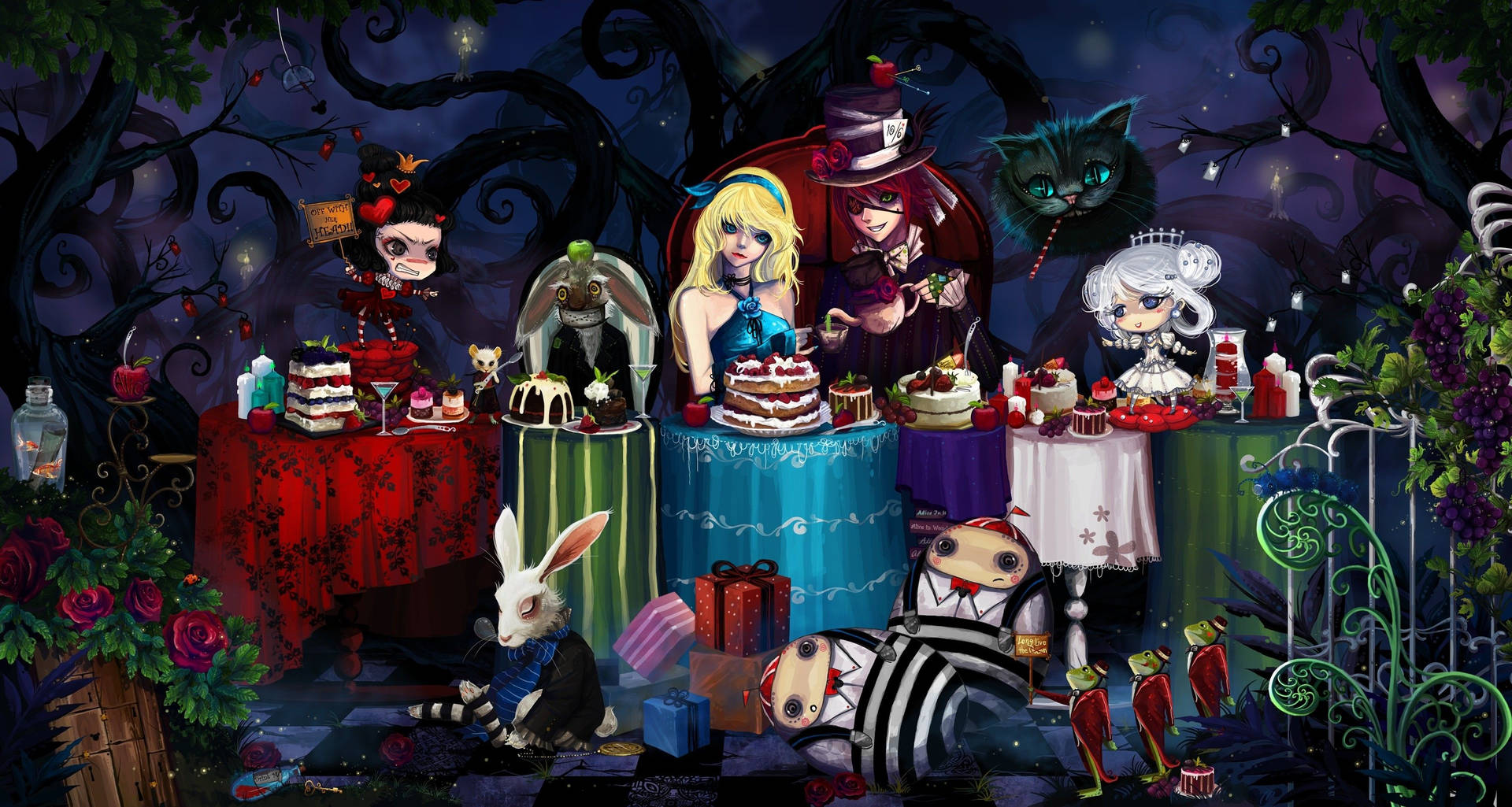 Alice In Wonderland Dark Trippy Tea Party Background