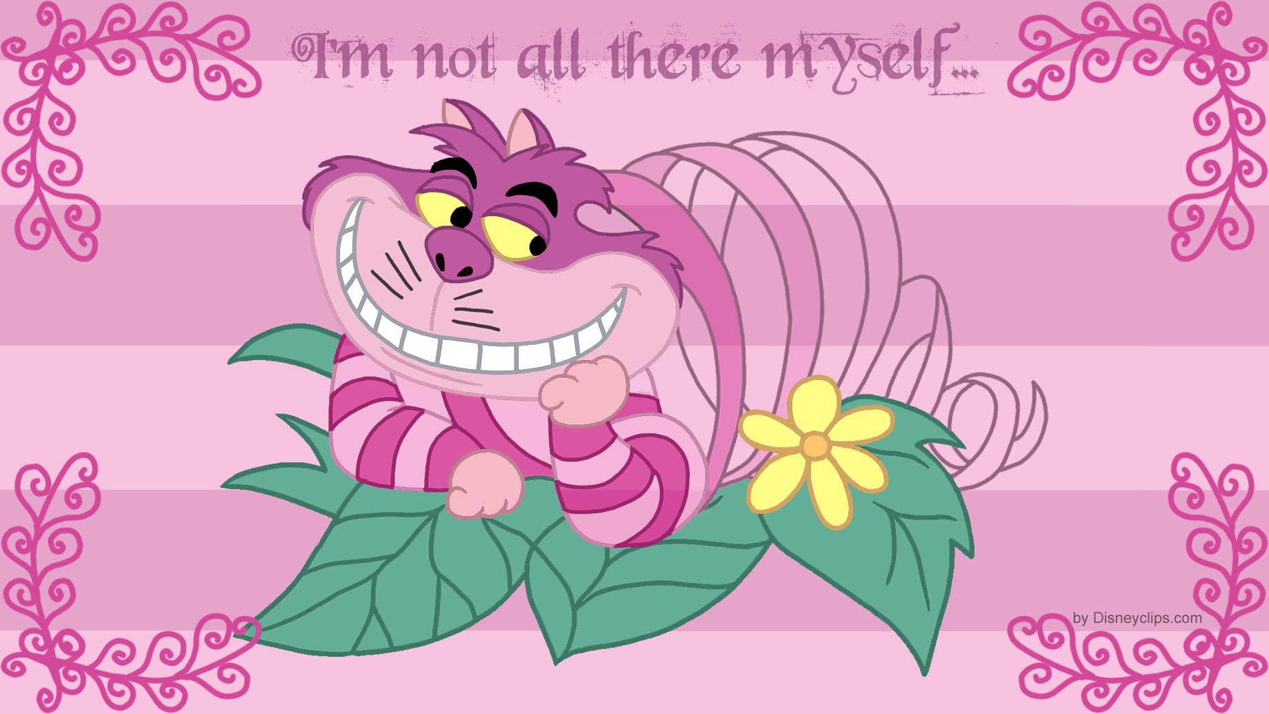 Cheshire Cat smiles mysteriously in the pink Wonderland Wallpaper