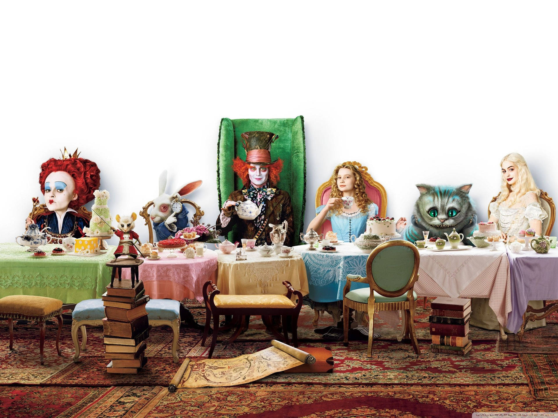 Mad Hatter hosting a mad tea party with Alice In Wonderland. Wallpaper