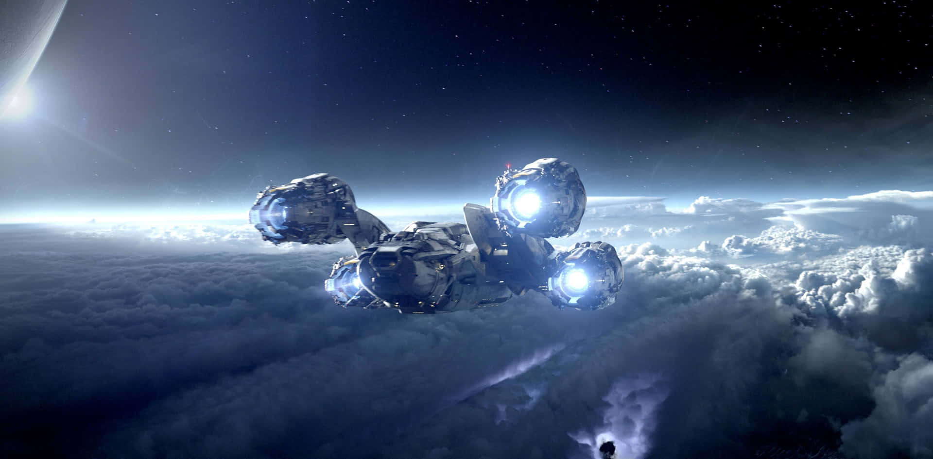 A Spaceship Flying Over The Clouds Wallpaper