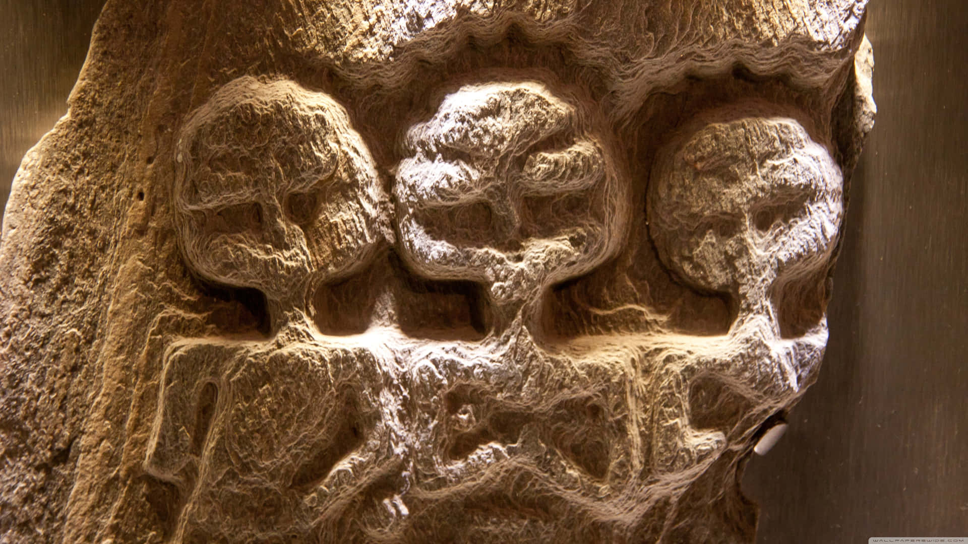 A Carving Of Three People On A Tree Wallpaper
