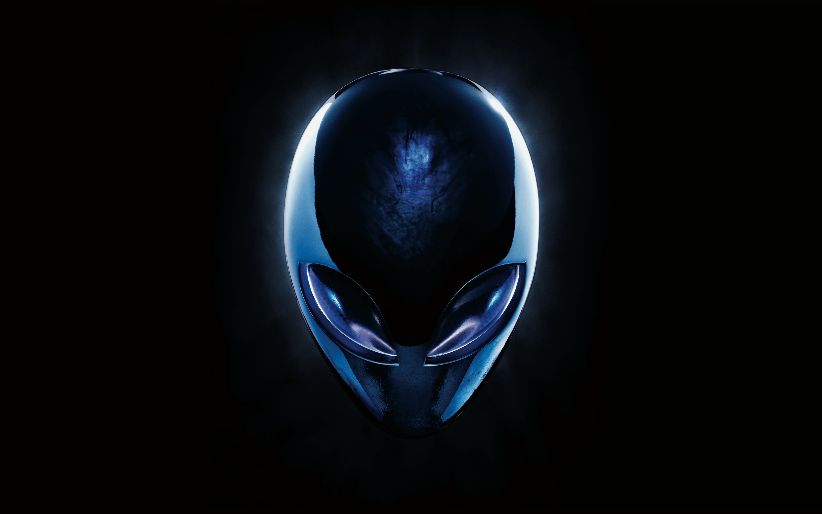 Sci-fi scene featuring an alien spacecraft hovering in Earth's atmosphere. Background — A glowing blue alien head logo with reflective eyes centered against a dark background.