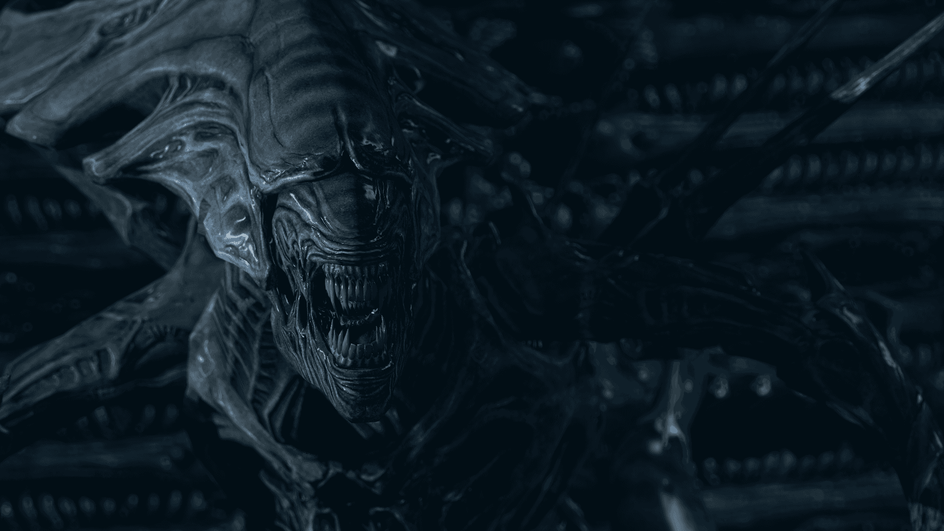 aliens - aliens - wallpaper Background — A menacing alien creature with sharp teeth and biomechanical wings looms in dark blue shadows.