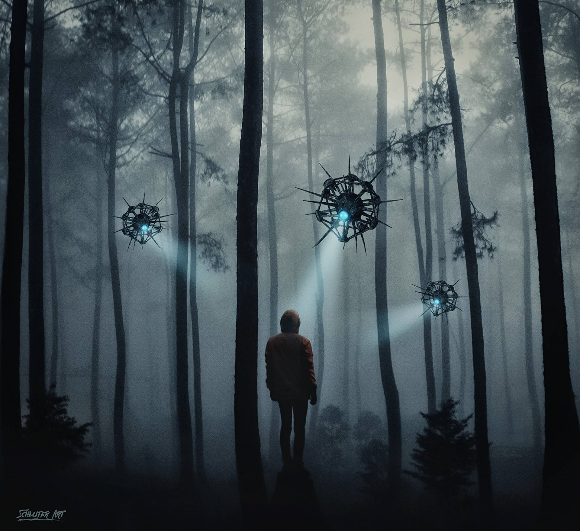 Alien Drones at an Unforgettable Forest Scene Wallpaper