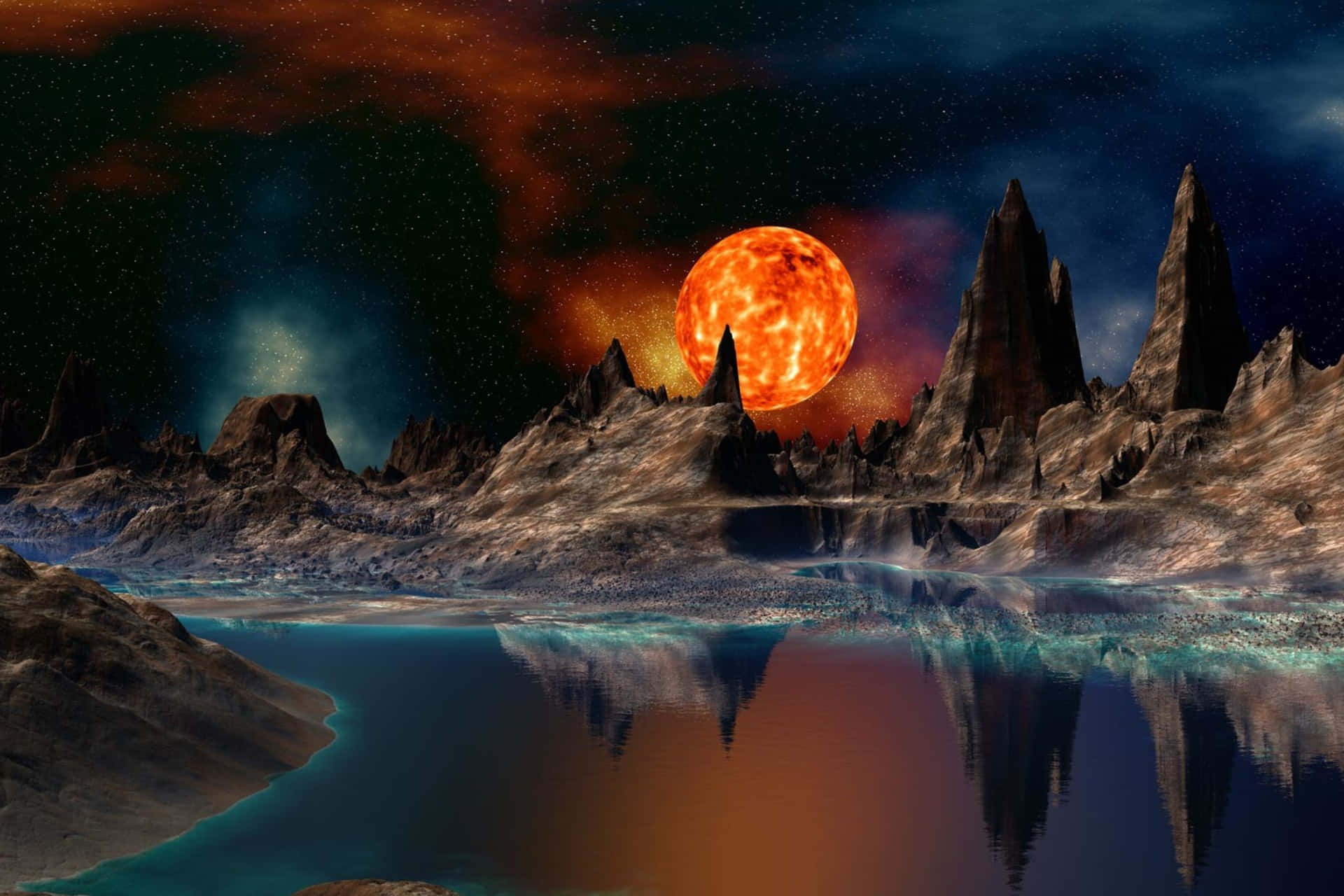 Alien_ Landscape_with_ Giant_ Red_ Sun Wallpaper