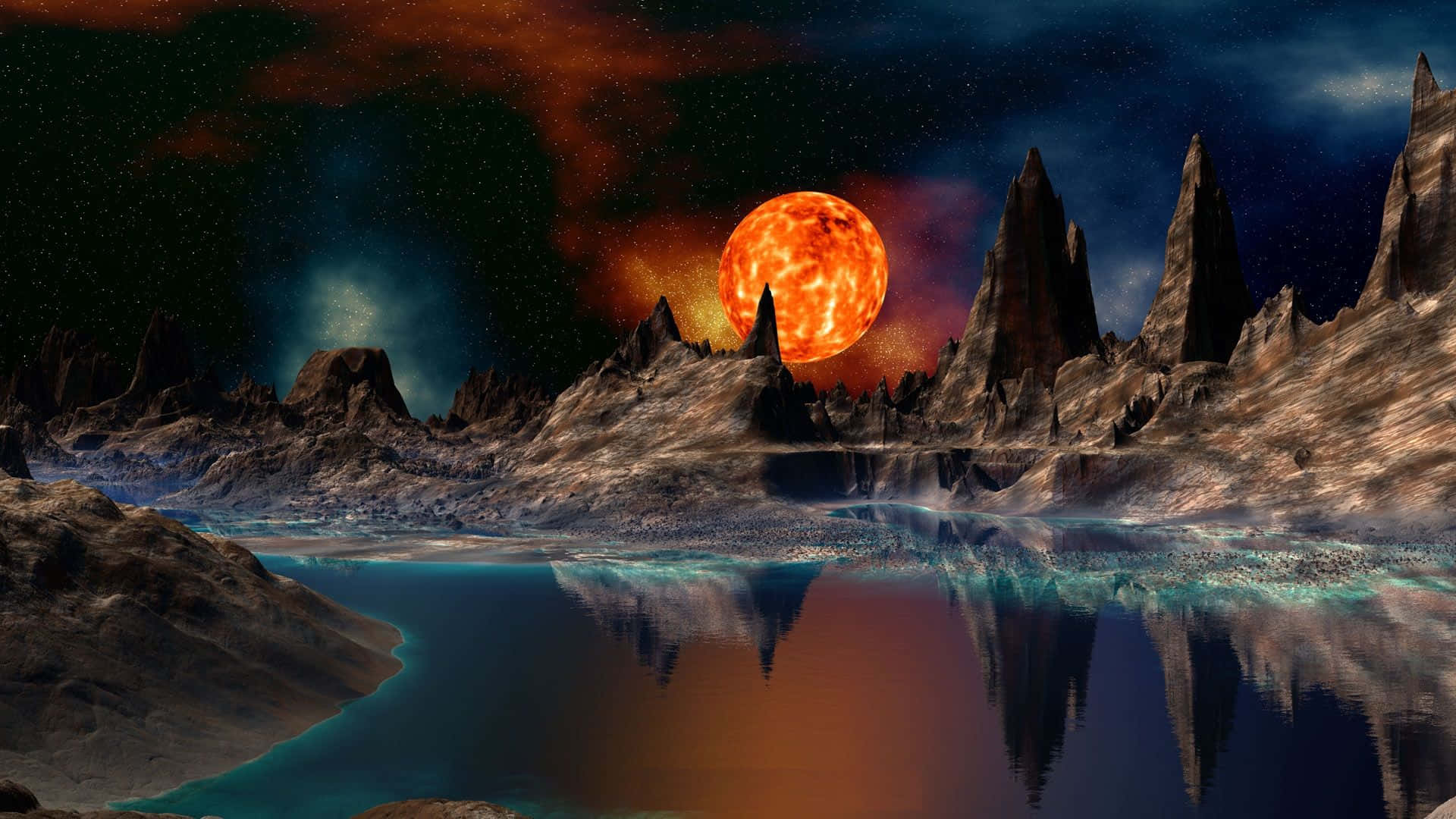 Alien_ Landscape_with_ Lava_ Planet_and_ Lake Wallpaper
