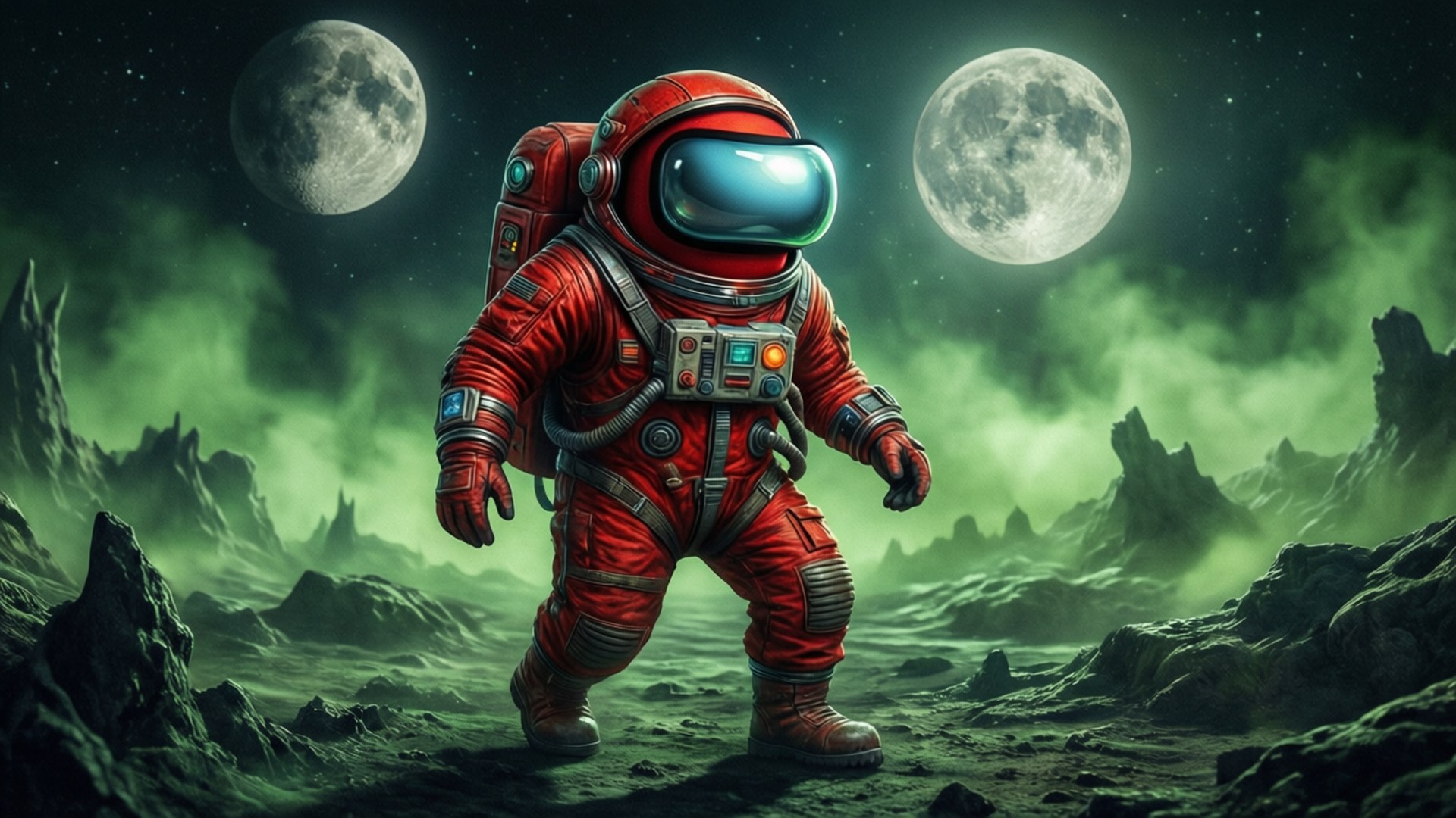 A retro sci-fi wallpaper of a red crewmate exploring an alien world.