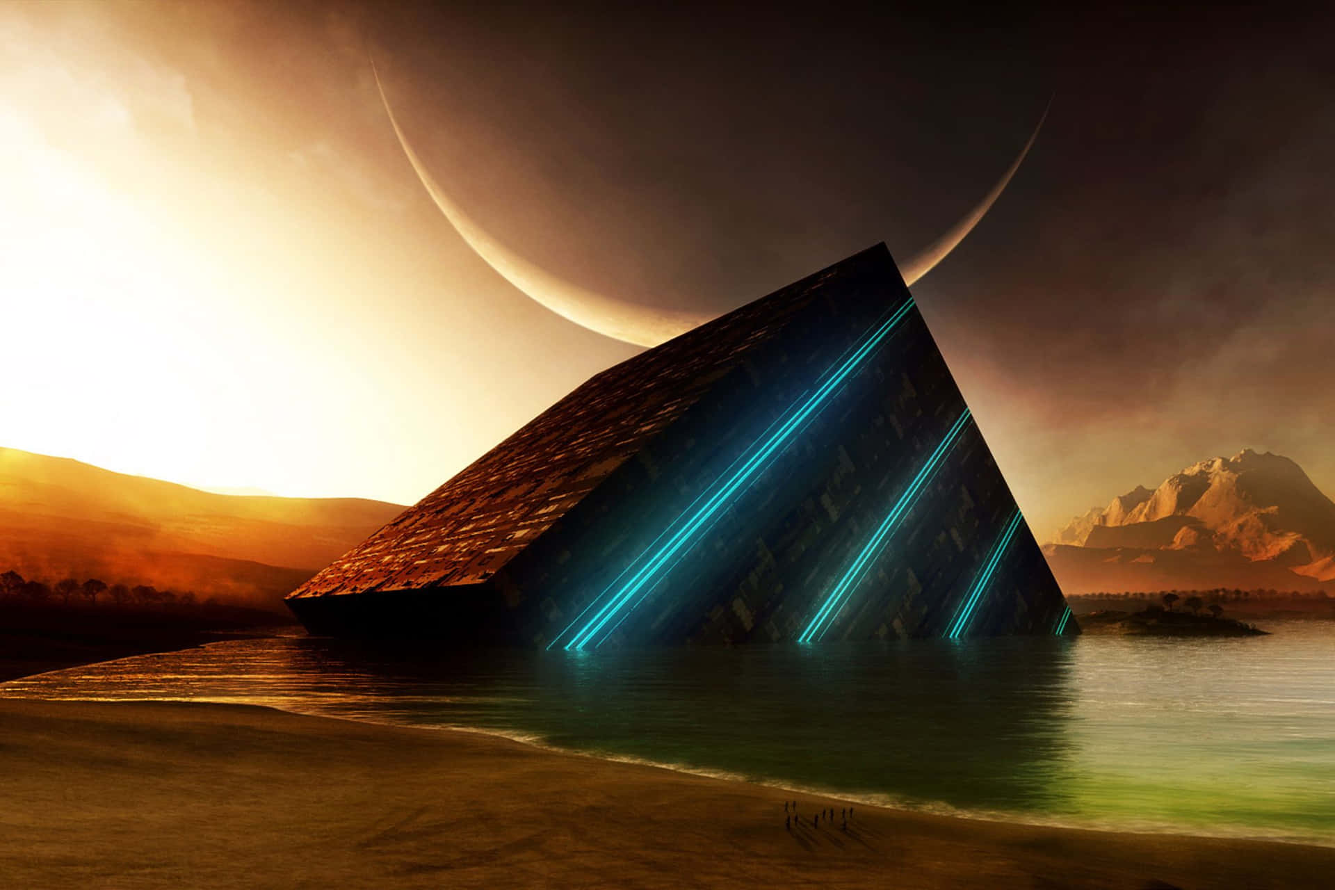 Alien_ Pyramid_ Under_ Twin_ Moons Wallpaper