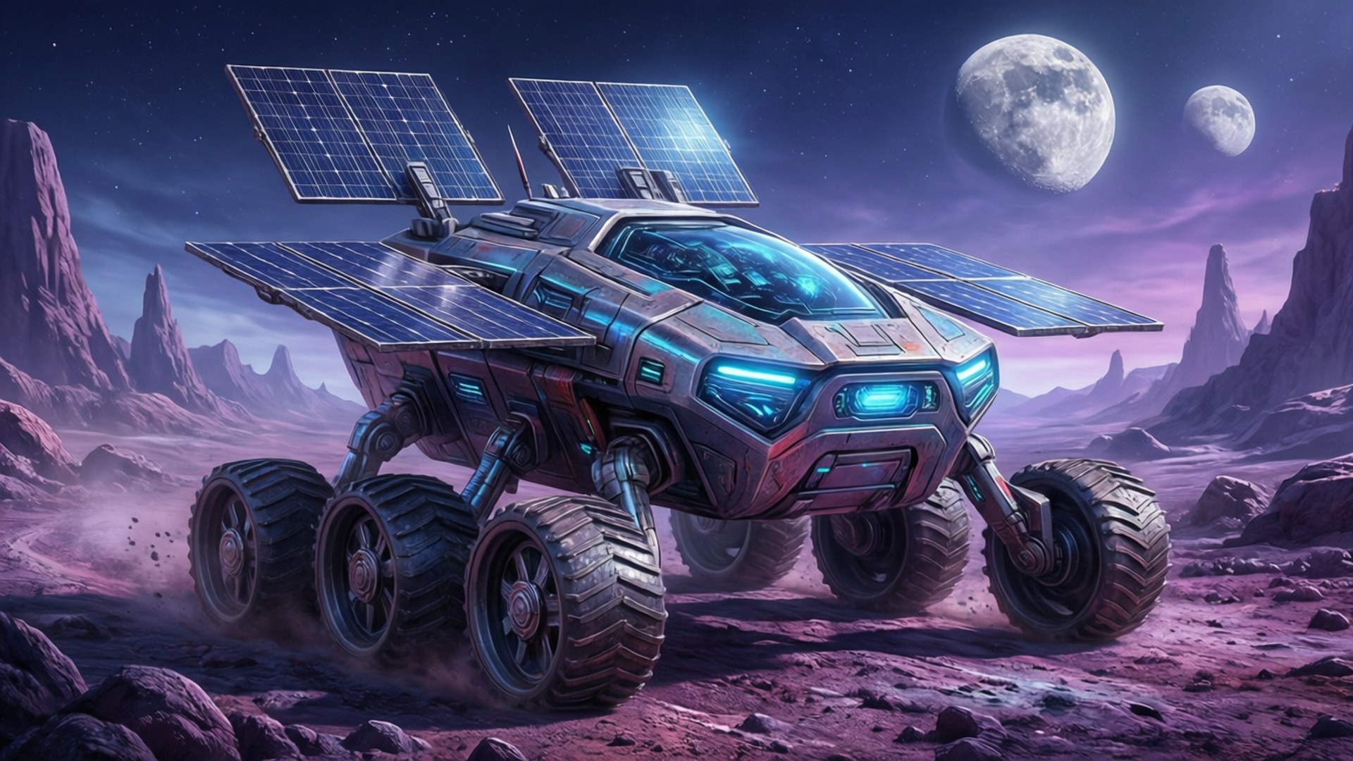 Fremtidig rover utforsker en fremmed verden med tvillingmåner.