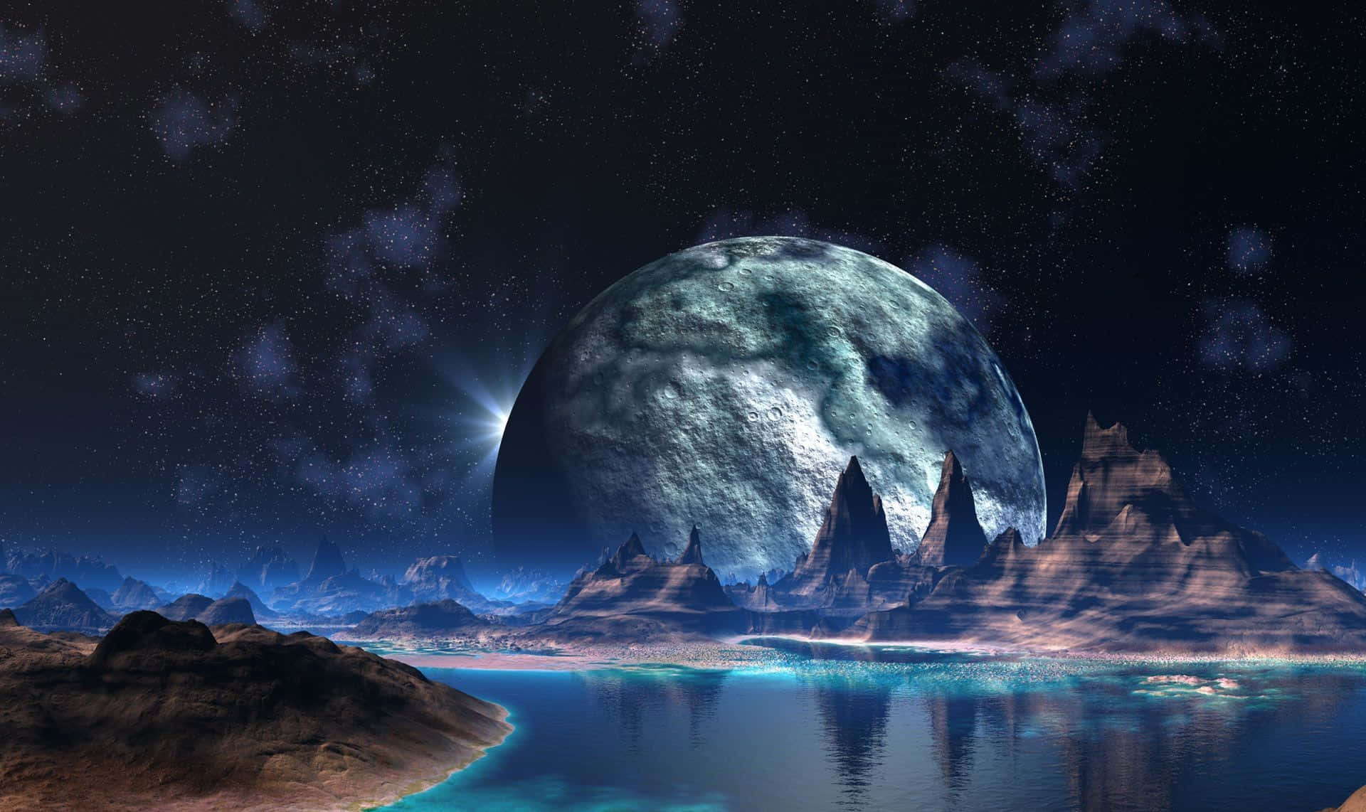 Alien World Landscapewith Giant Moon Wallpaper