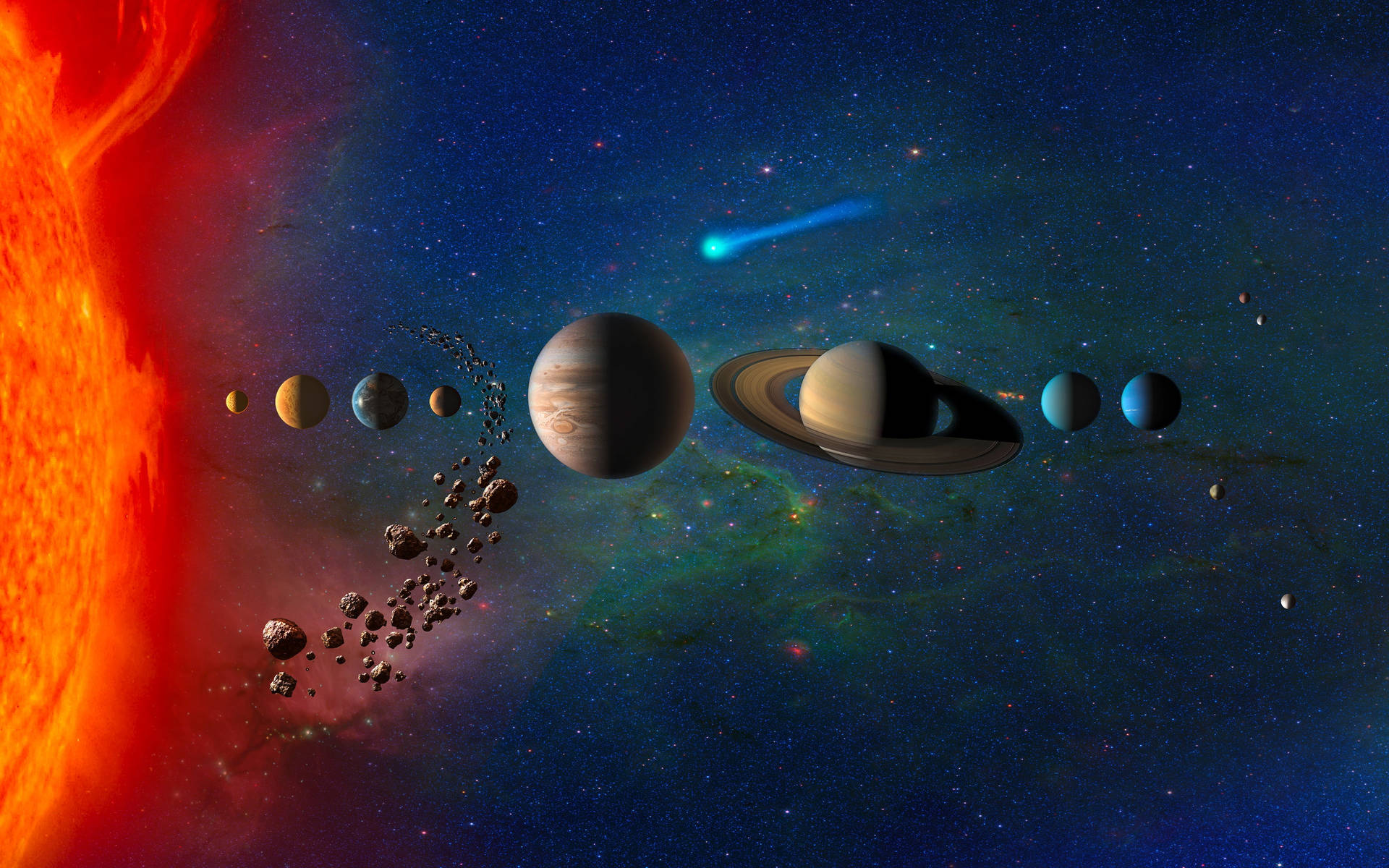 Aligned Solar System HD: Et perfekt udsyn af Solsystemet, med smukt design. Wallpaper