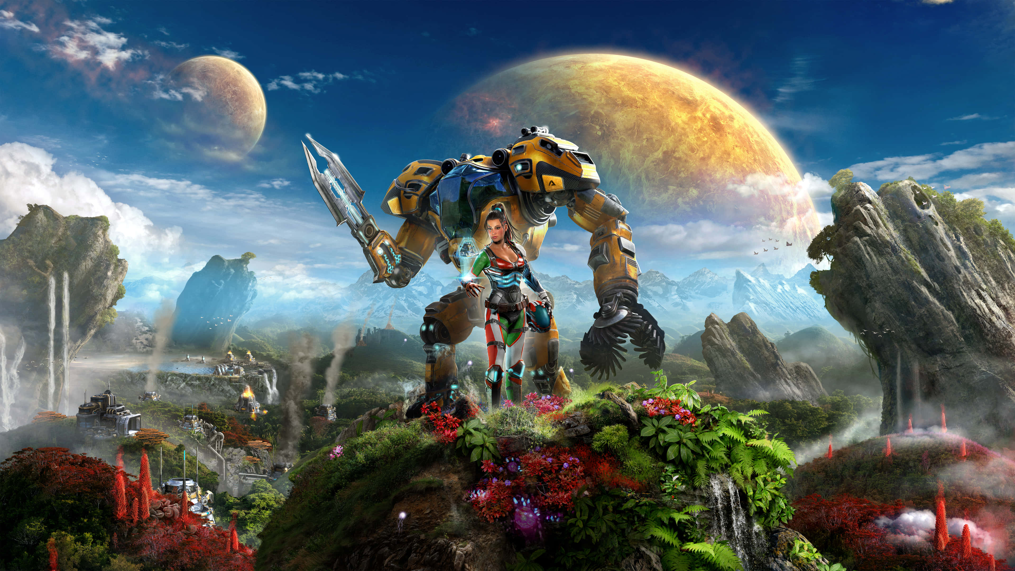 A Woman Is Standing On A Mountain With A Robot In The Background Wallpaper