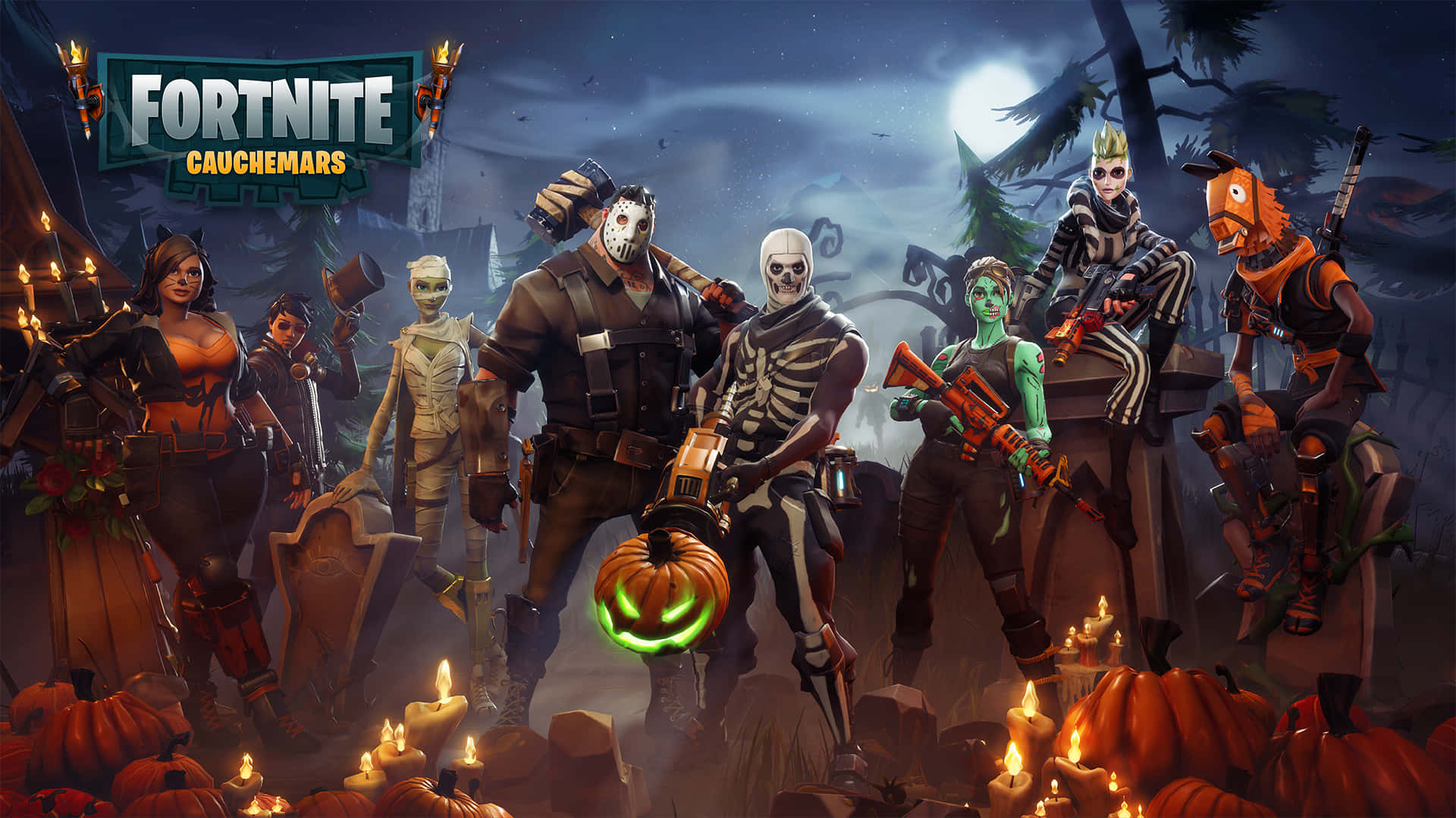 Fortnite Halloween - A Group Of Characters Standing In Front Of A Pumpkin Wallpaper