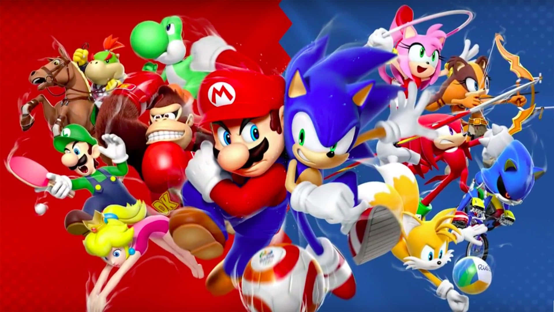 Ungrupo De Personajes De Nintendo En Un Fondo Rojo Y Azul. Fondo de pantalla