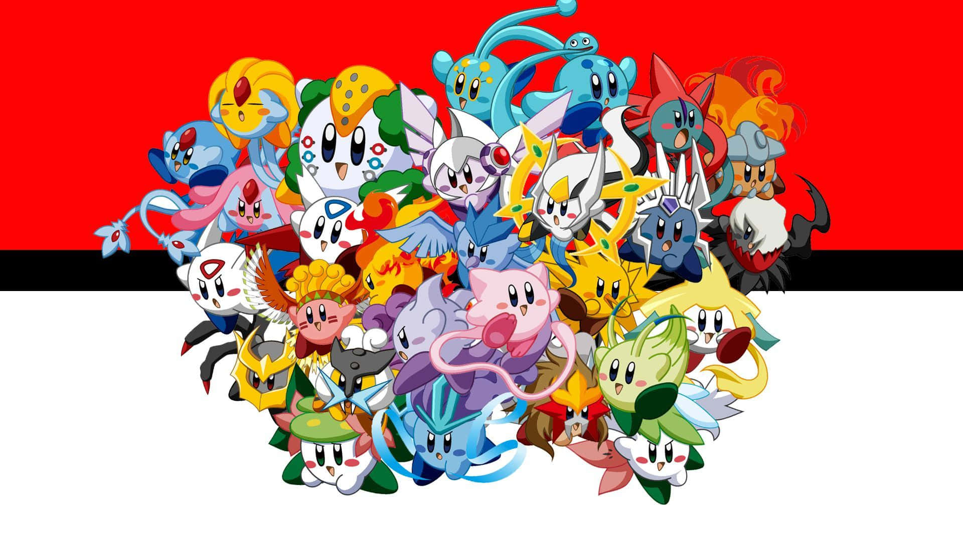 Pokemon-karakterer på en rød og hvid baggrund