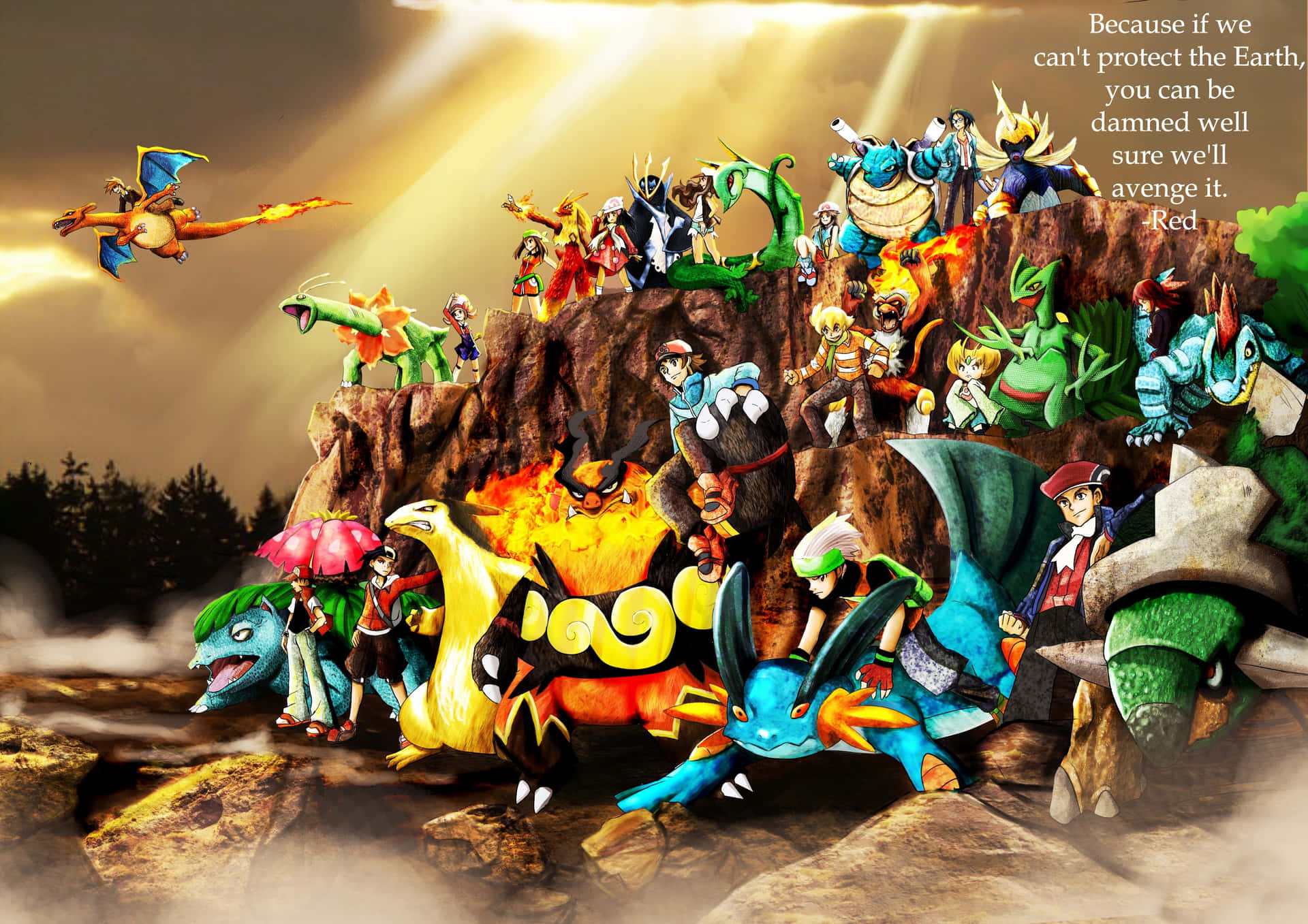 Pokemoneine Gruppe Von Charakteren Auf Einem Fels
