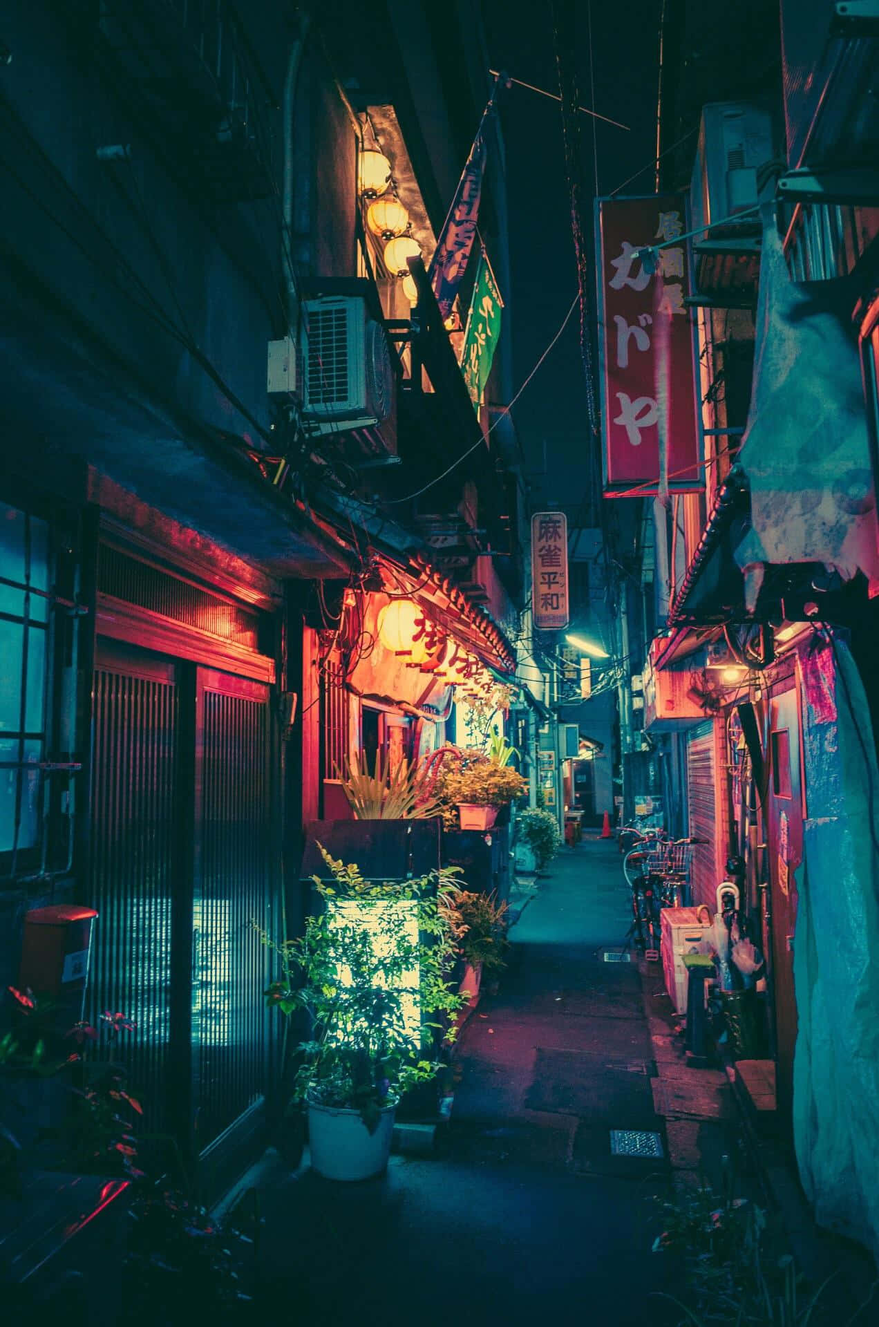 Japanese Alley With Blue Lights Background