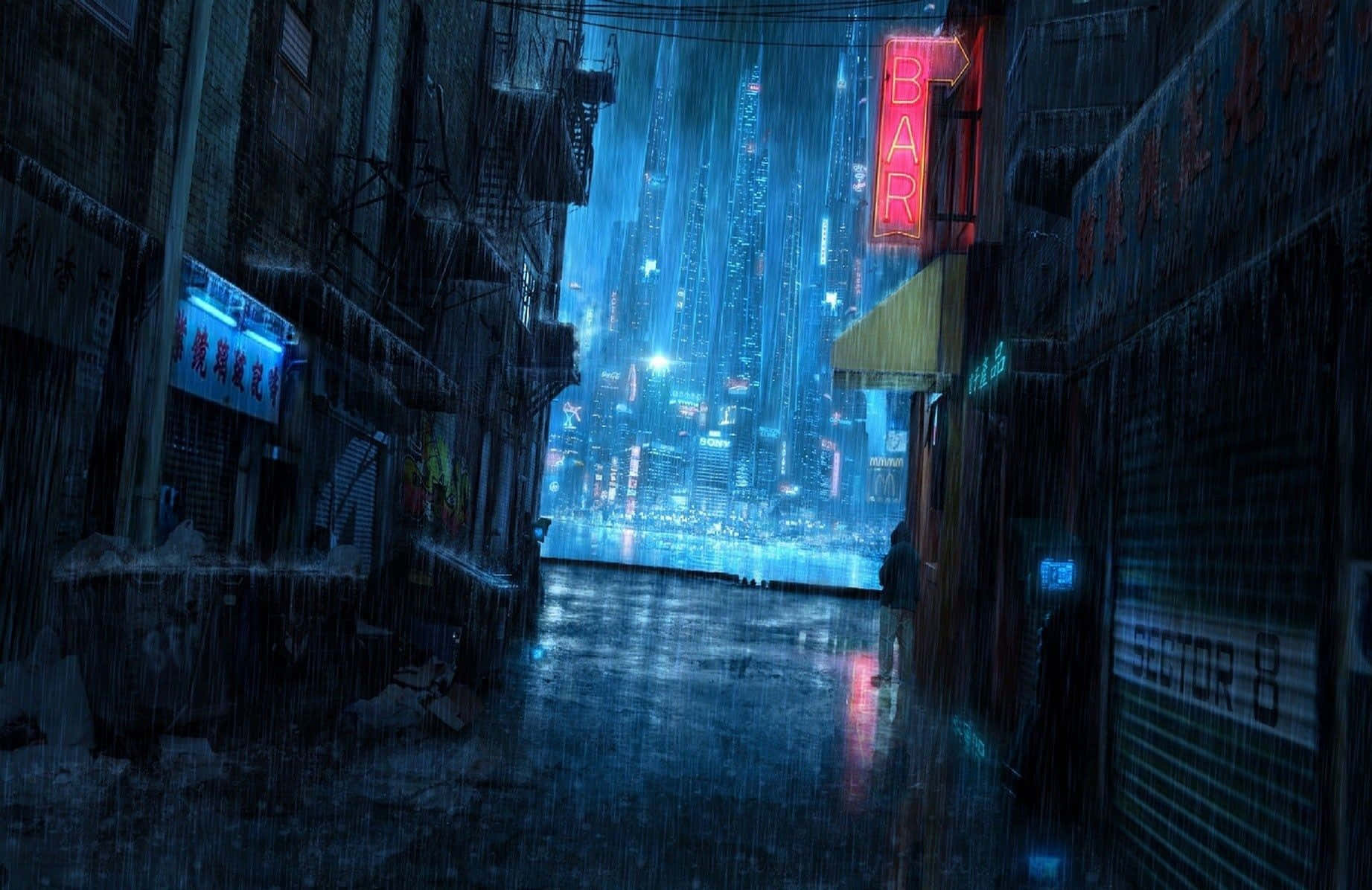 Fondode Pantalla De Una Ciudad Ciberpunk En Un Callejón Durante La Lluvia