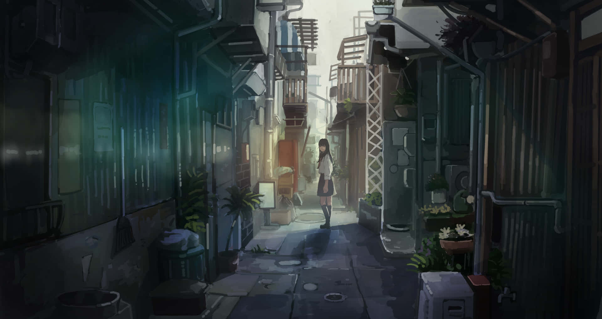 all rendered in a Japanese animation style. The alleyway is a bustling  scene of life