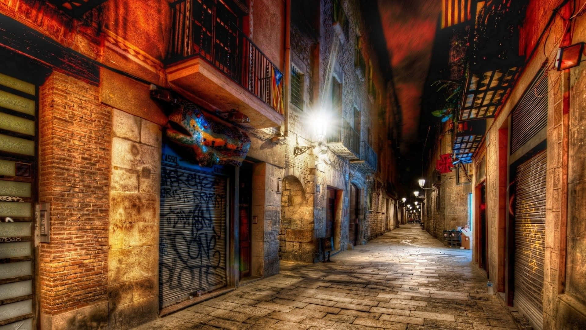 A Narrow Street With A Lamp And A Door