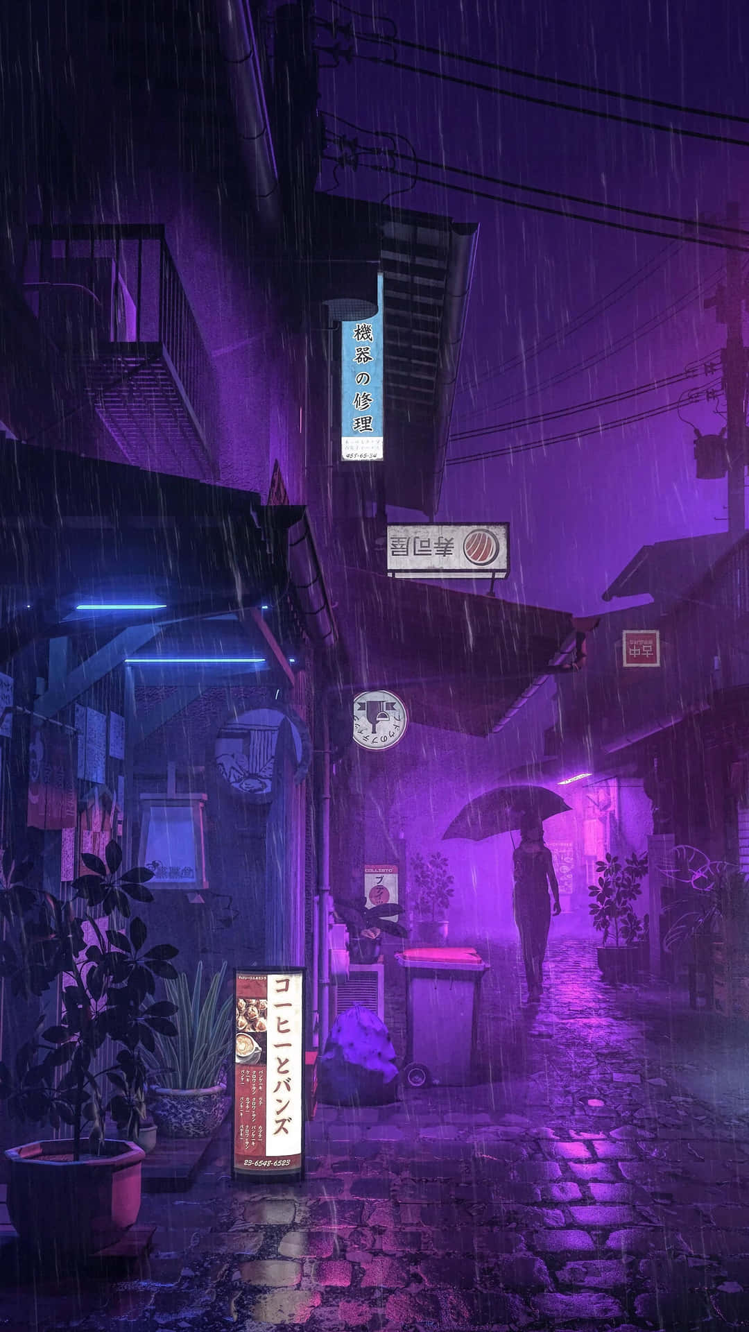A Rainy Night Scene With A Neon Sign And Umbrella Wallpaper