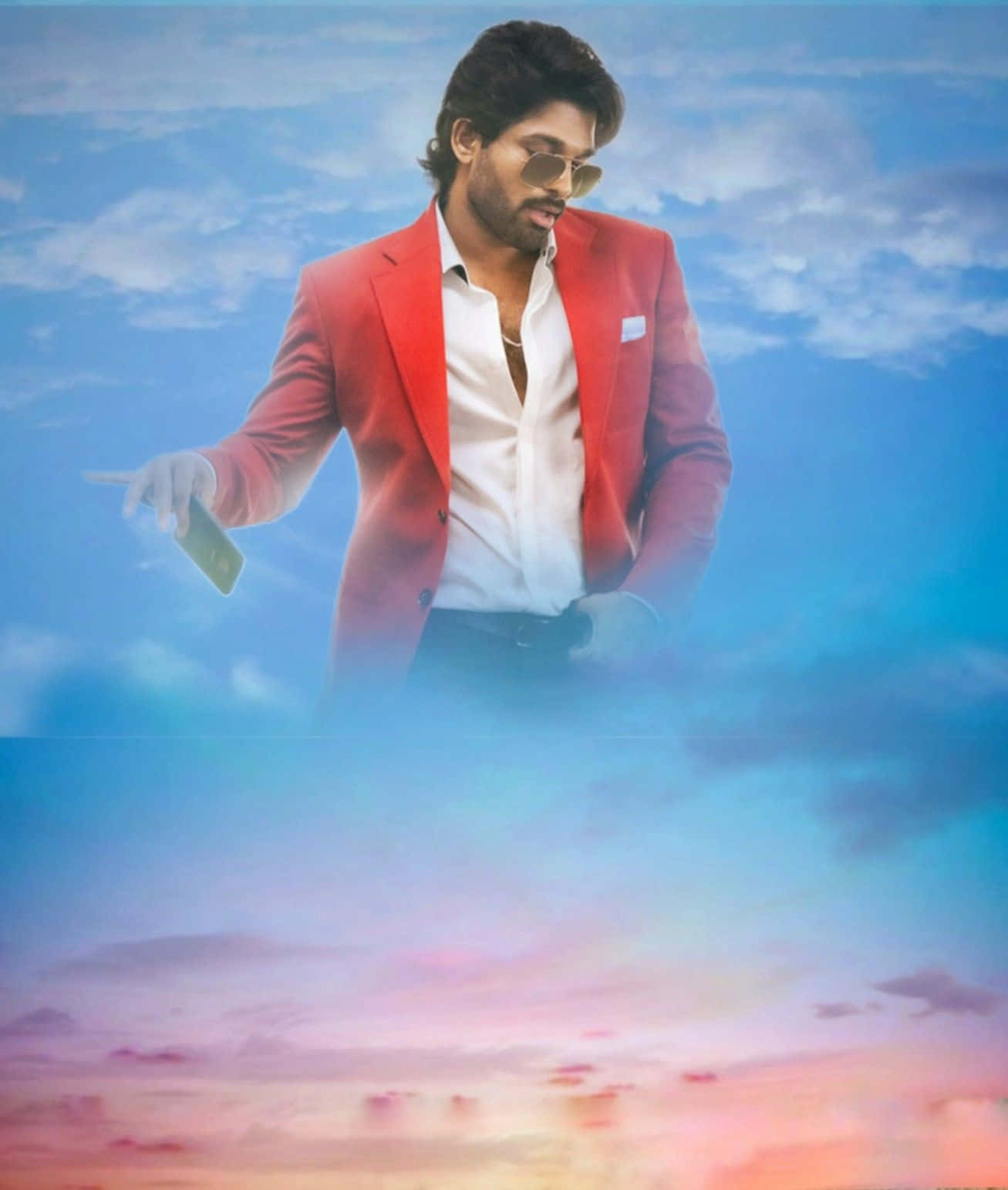 A Man In A Red Jacket Is Standing In The Sky