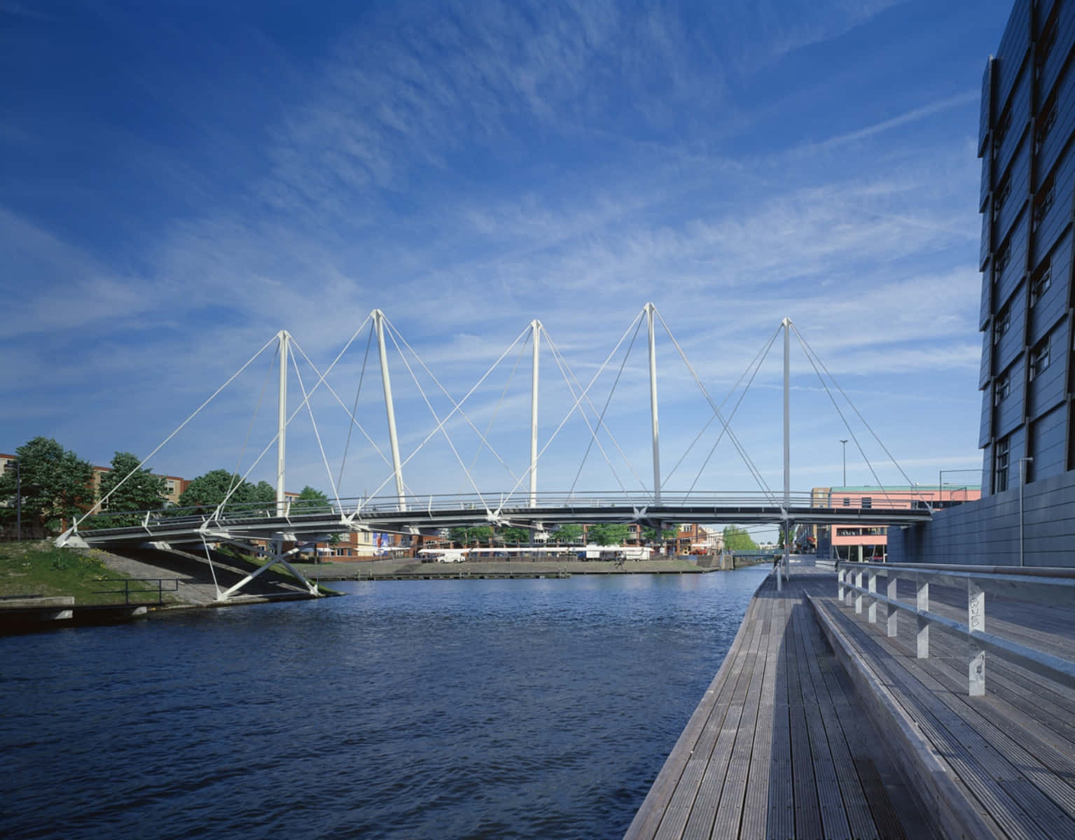 Almere Modern Suspension Bridge Waterfront Wallpaper