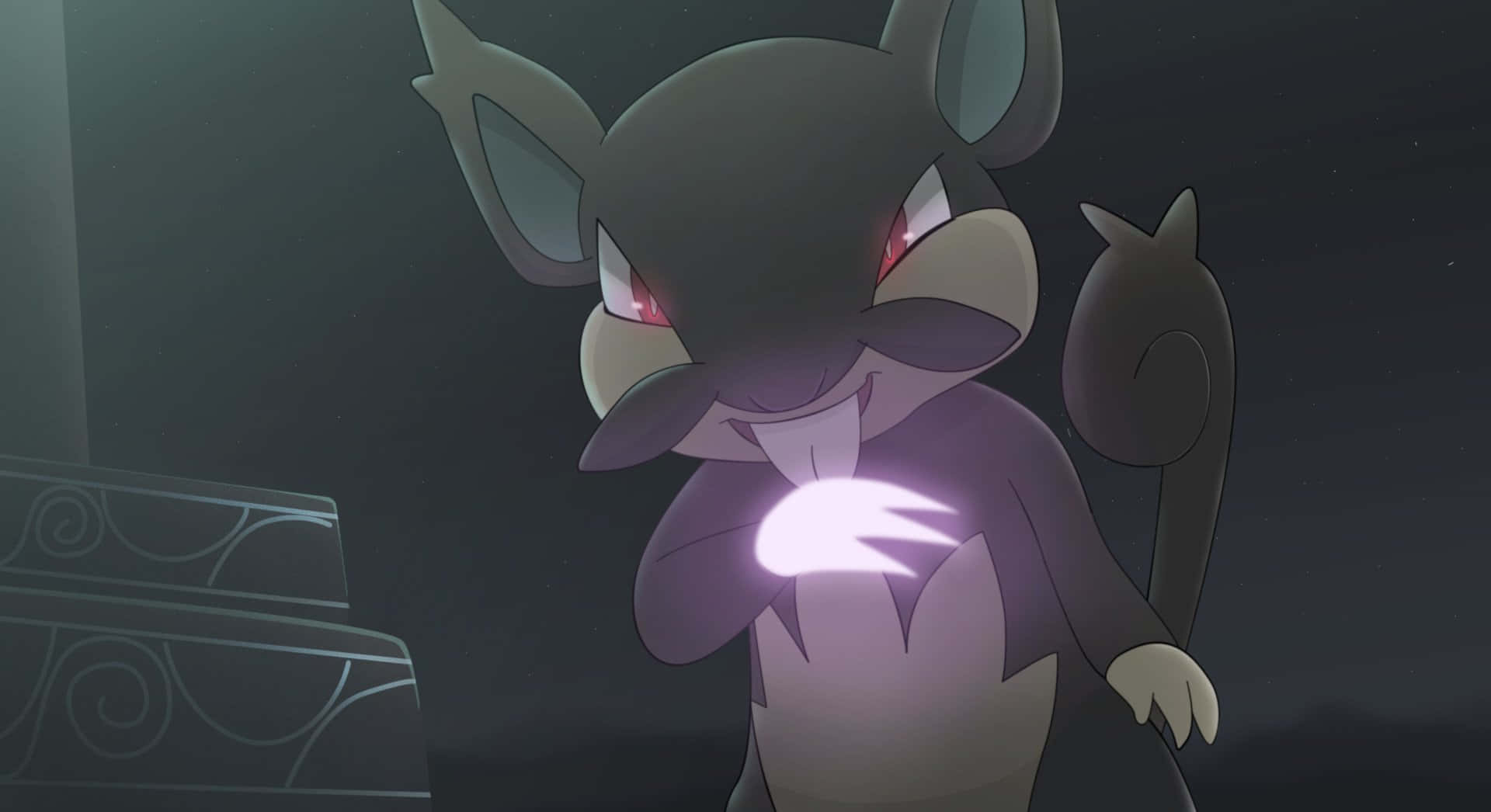 Alolan Rattata With Glowing Red Eyes And Paw In A Dark Background Wallpaper