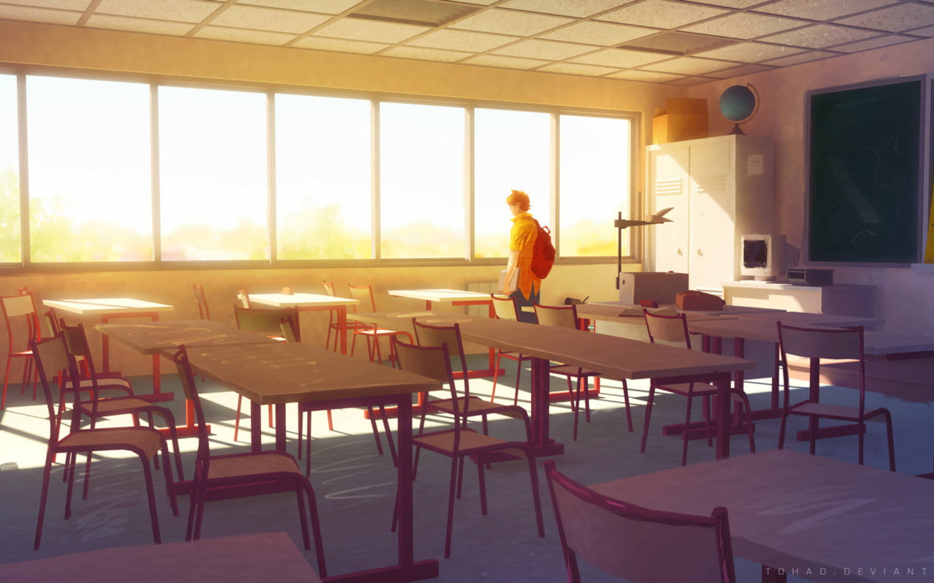 Alone Anime Boy In A Classroom Background
