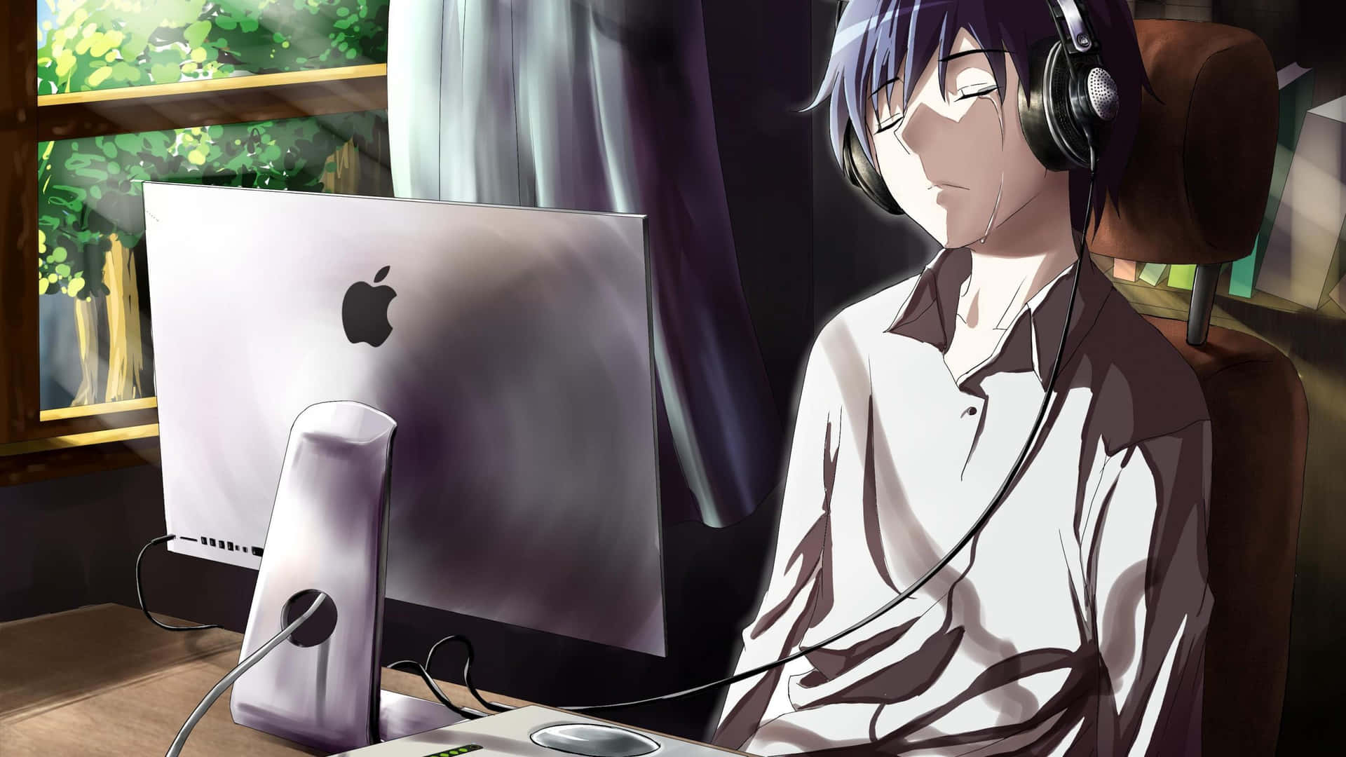 Alone Boy Anime Crying With Headphones Picture