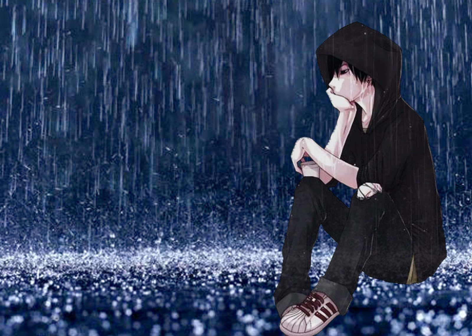 Alone Boy Sitting While Raining Picture