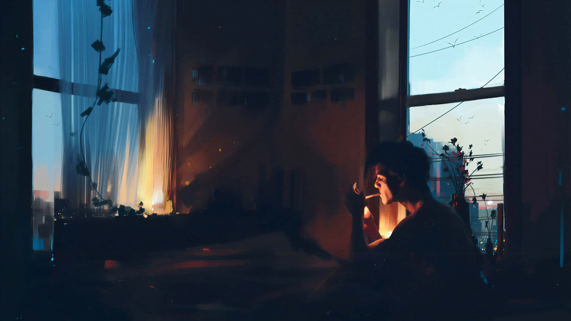 Imagende Un Chico Solo Fumando Dentro De Su Habitación Oscura.