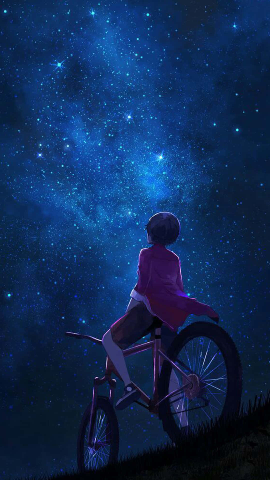 A Girl Is Riding A Bike Under The Stars