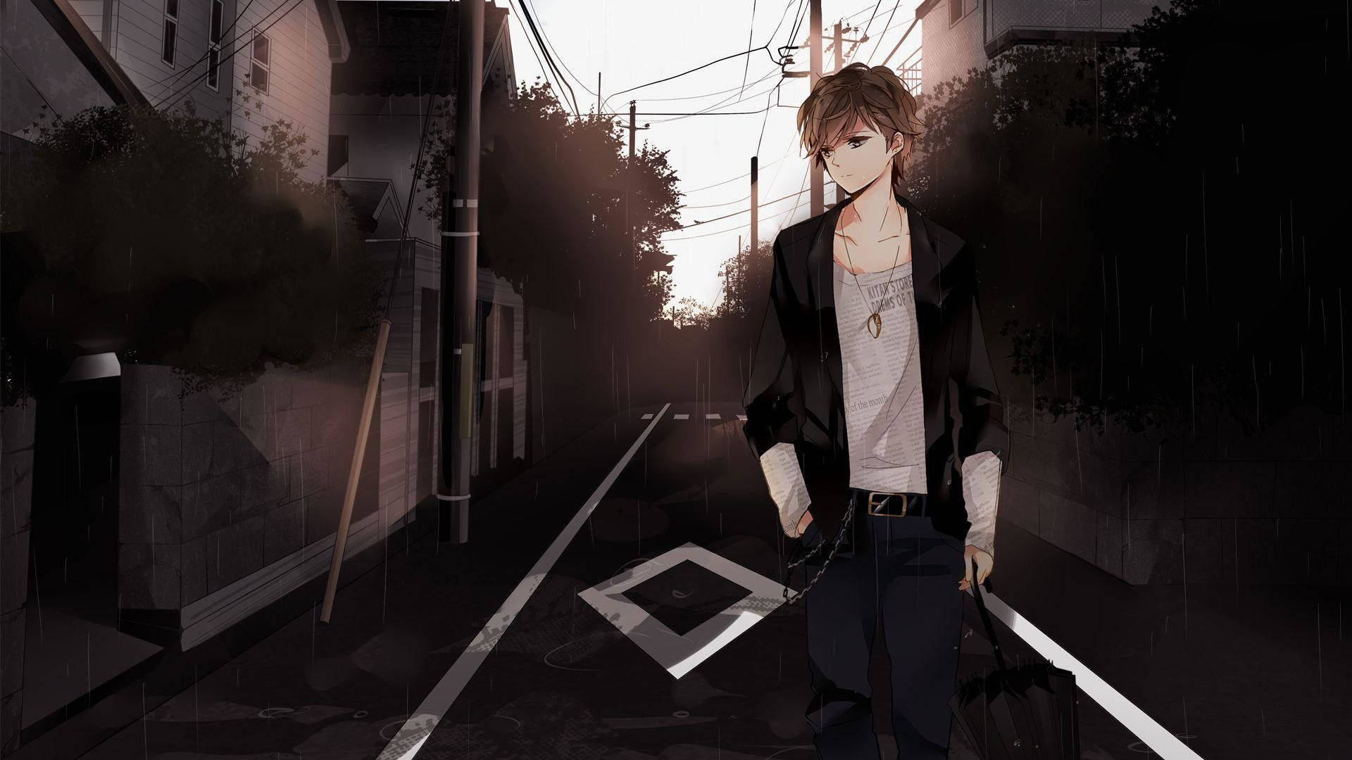 Alone Sad Anime Boys In The Street Background