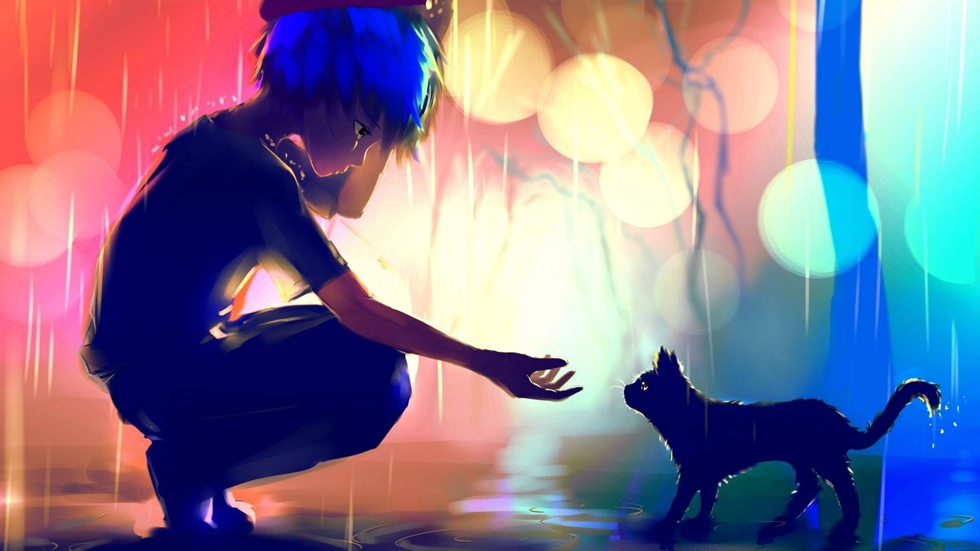 Alone Sad Anime Boys Petting A Cat Background