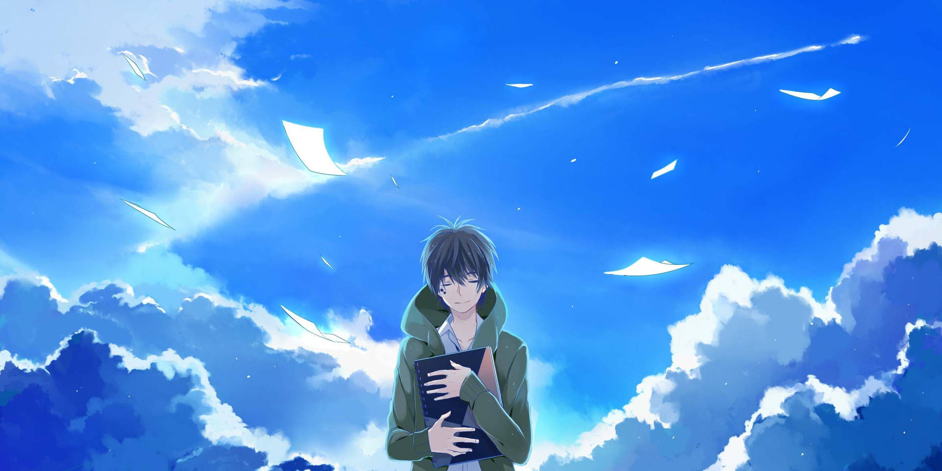 Chicostristes De Anime Solos Bajo El Cielo Azul. Fondo de pantalla
