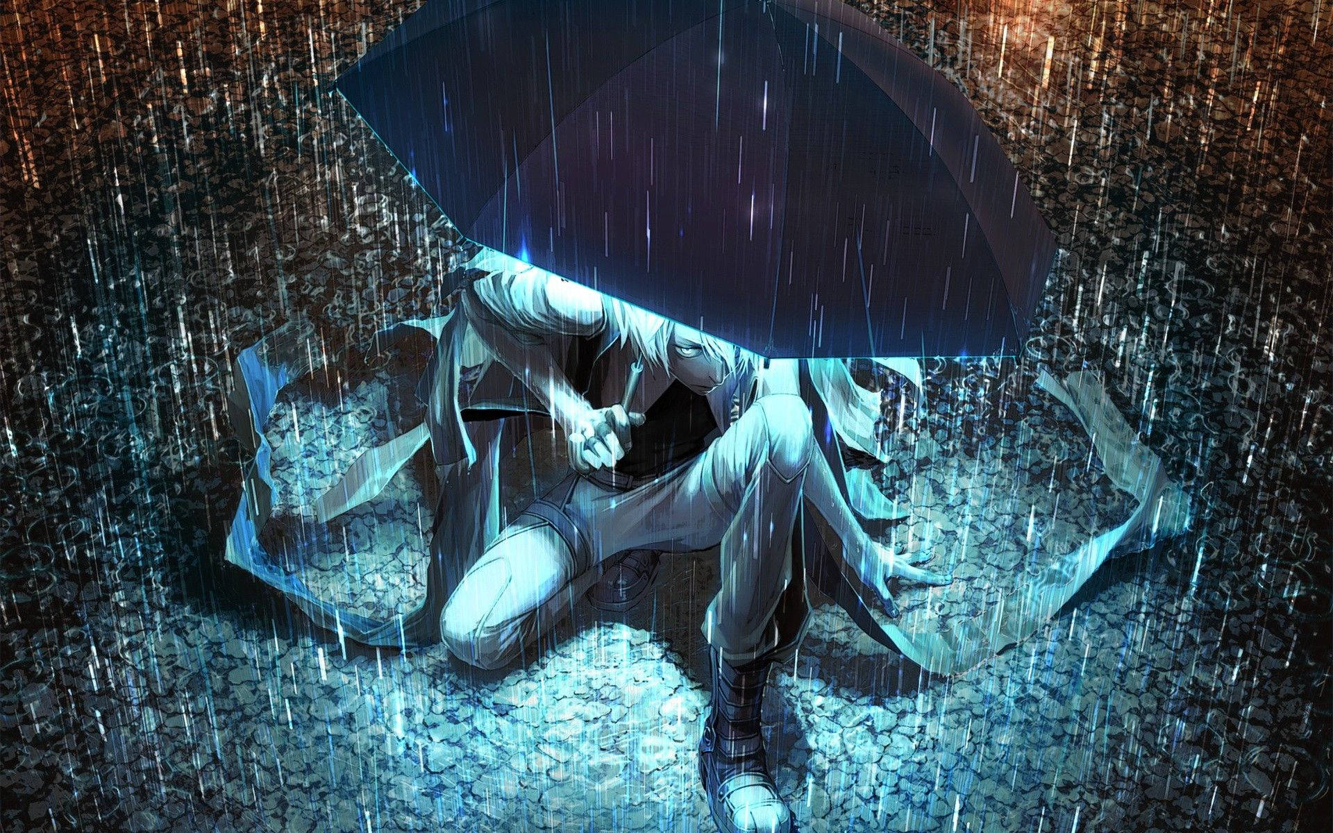 Alone Sad Anime Boys With Umbrella Background